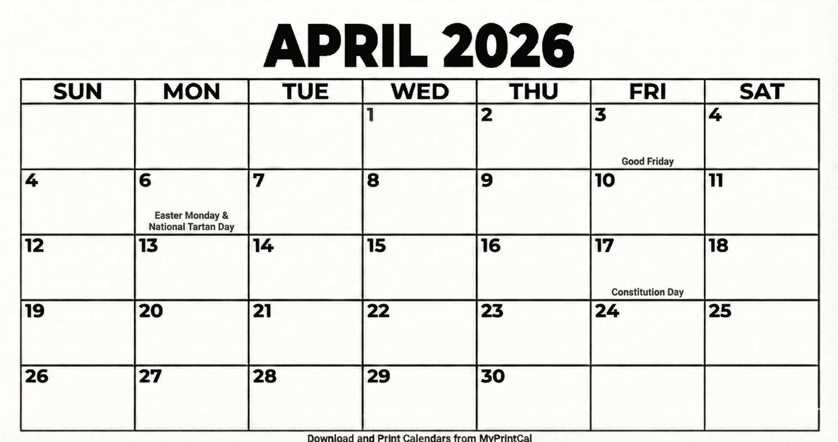 Printable April 2026 calendar