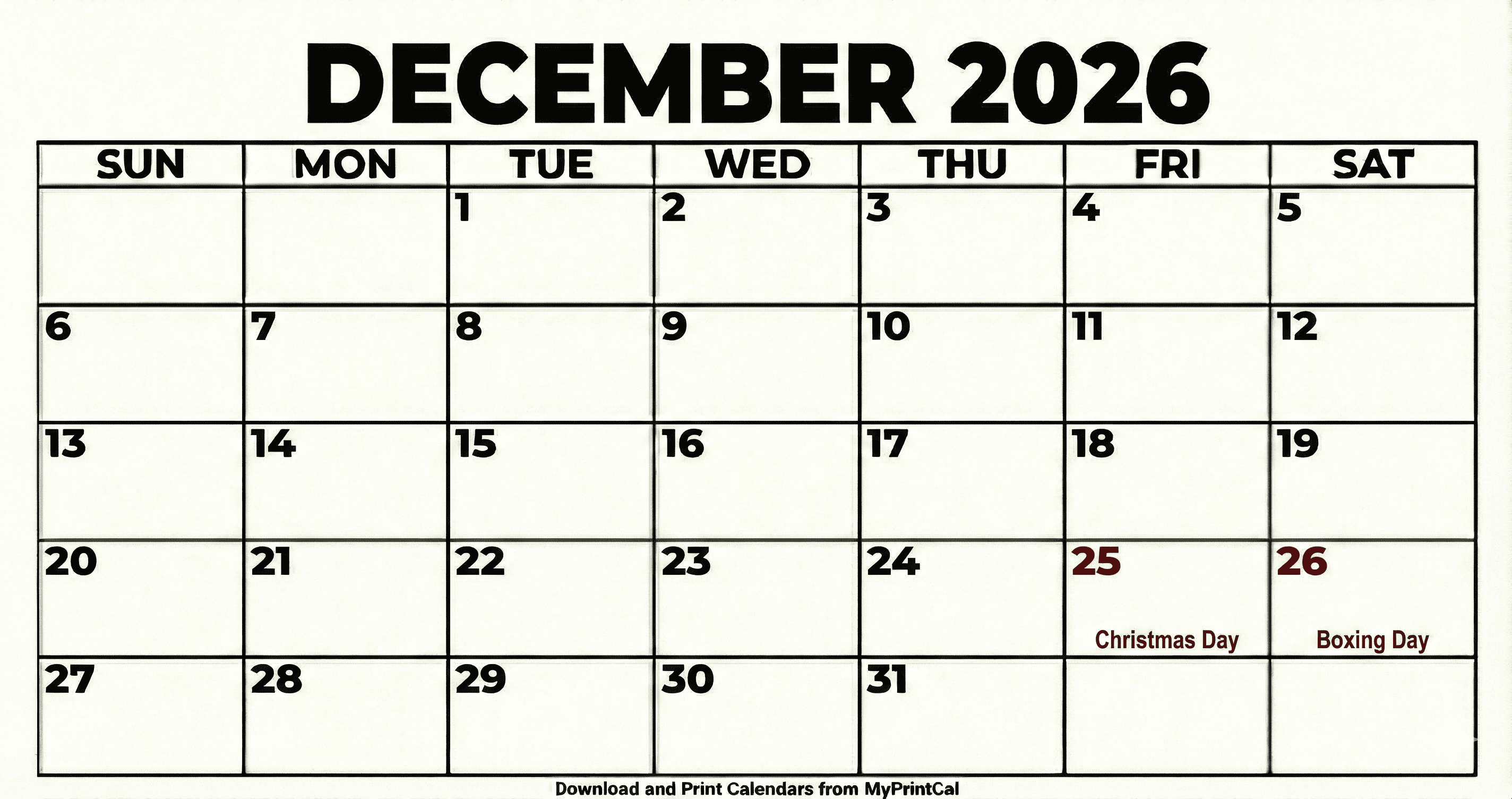 December 2026 calendar (with holidays)