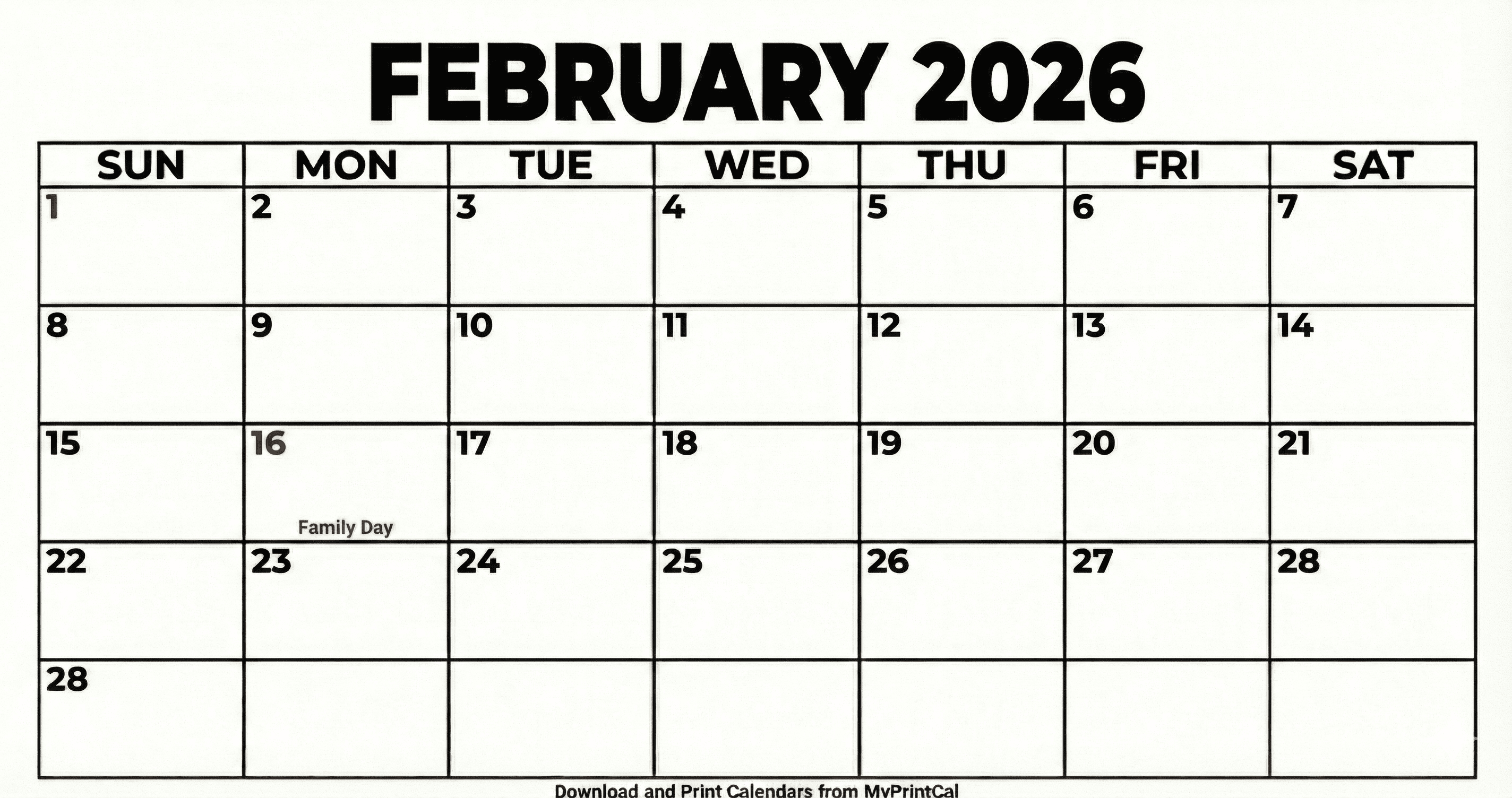 Printable February 2026 calendar