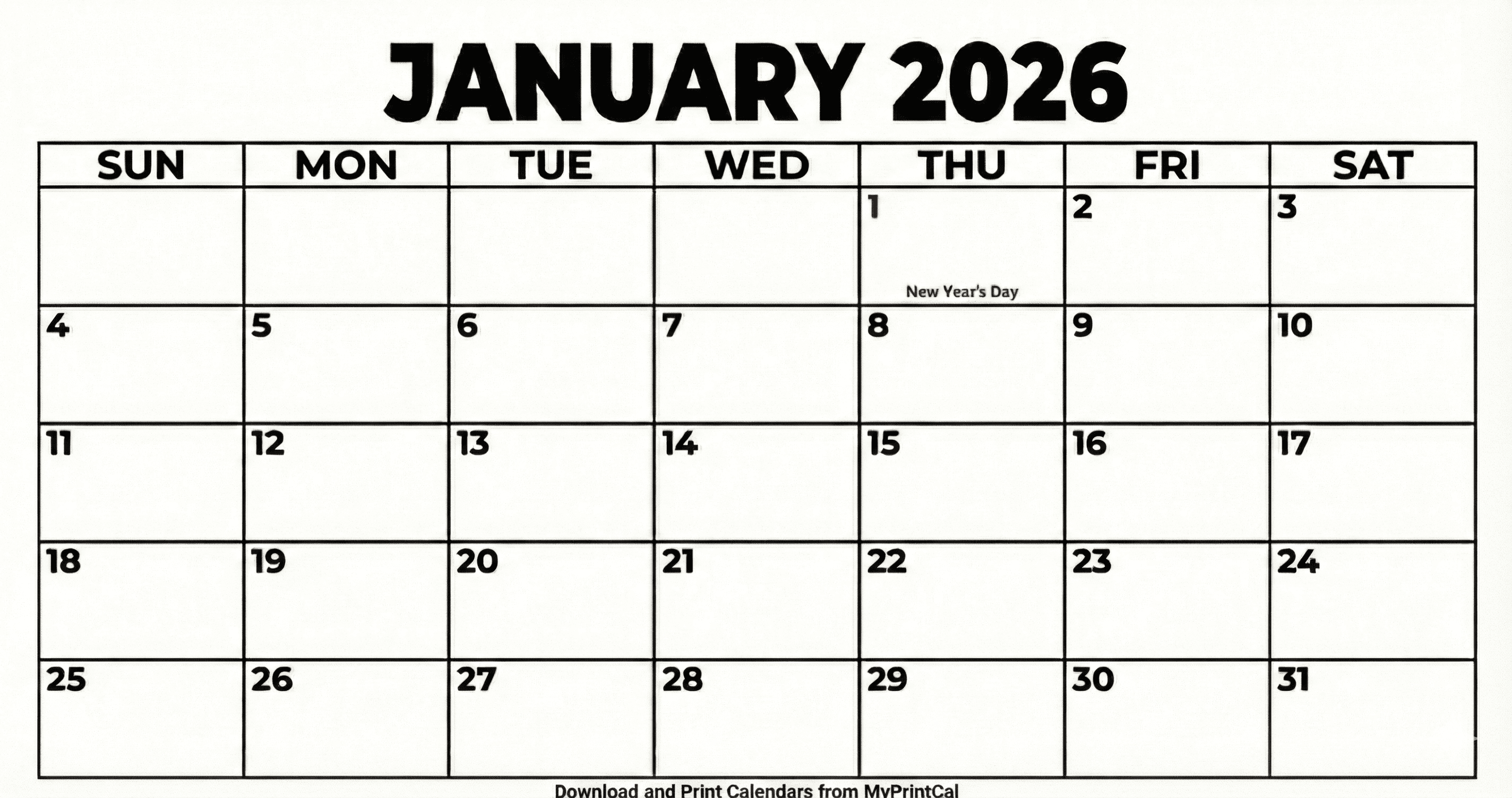 January 2026 calendar (with holidays)