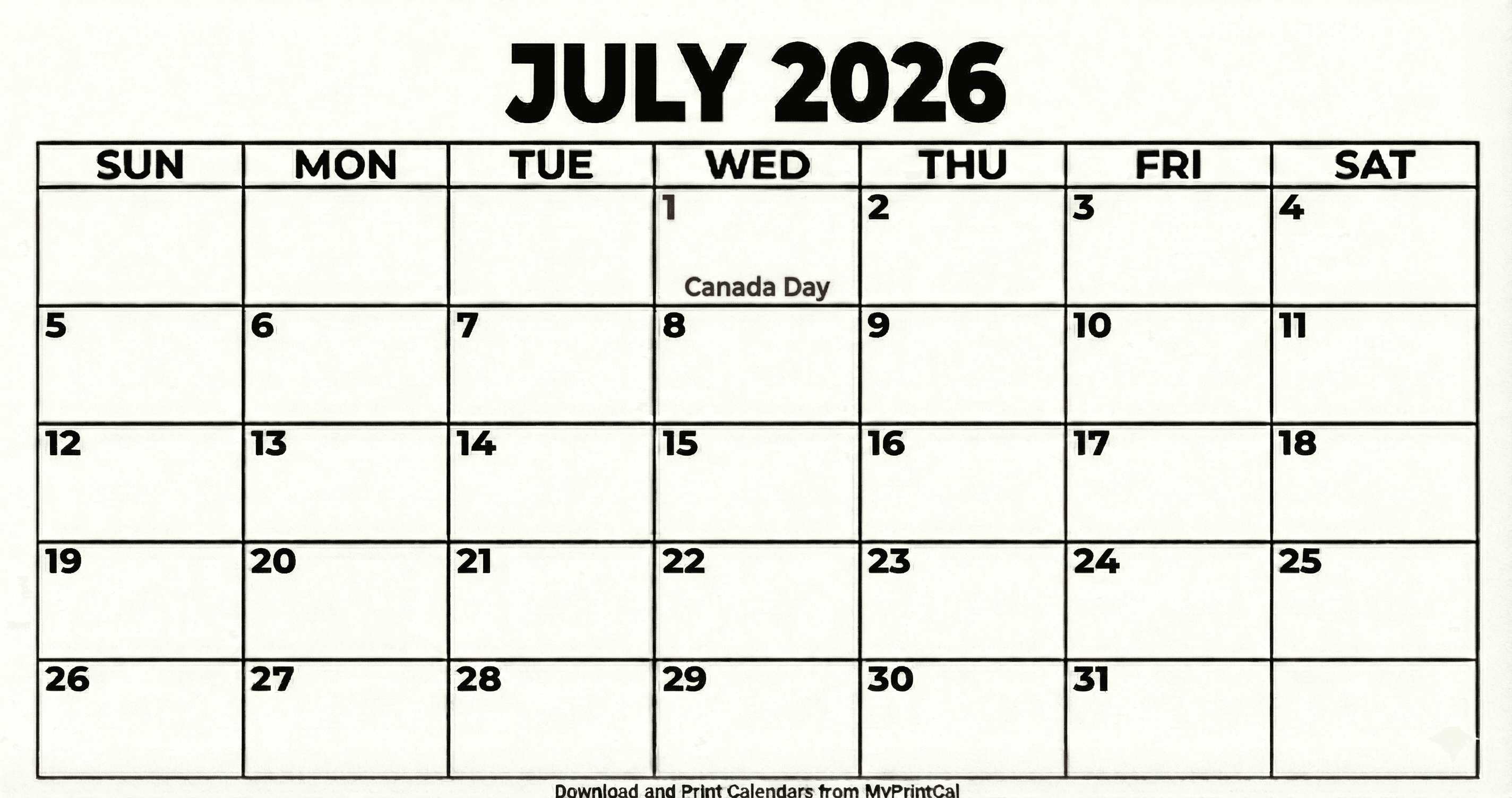 Printable July 2026 calendar