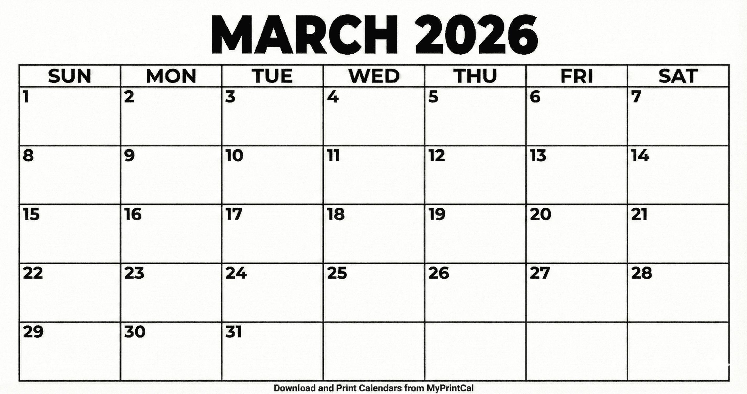 Printable March 2026 calendar