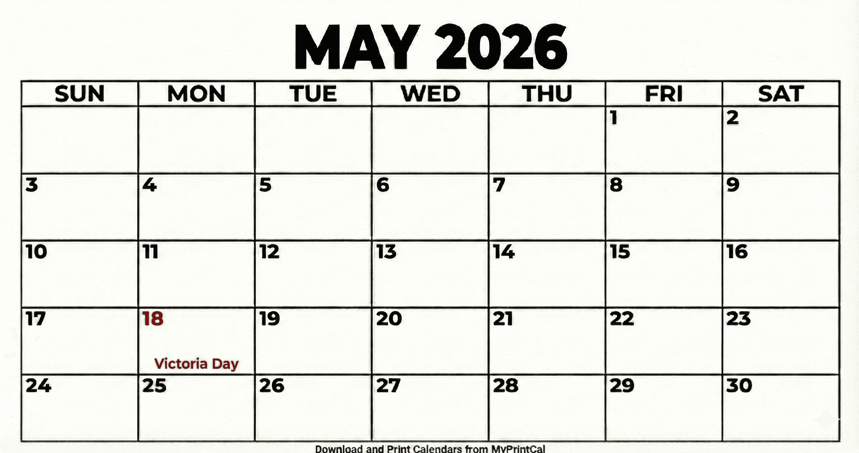 Printable May 2026 calendar