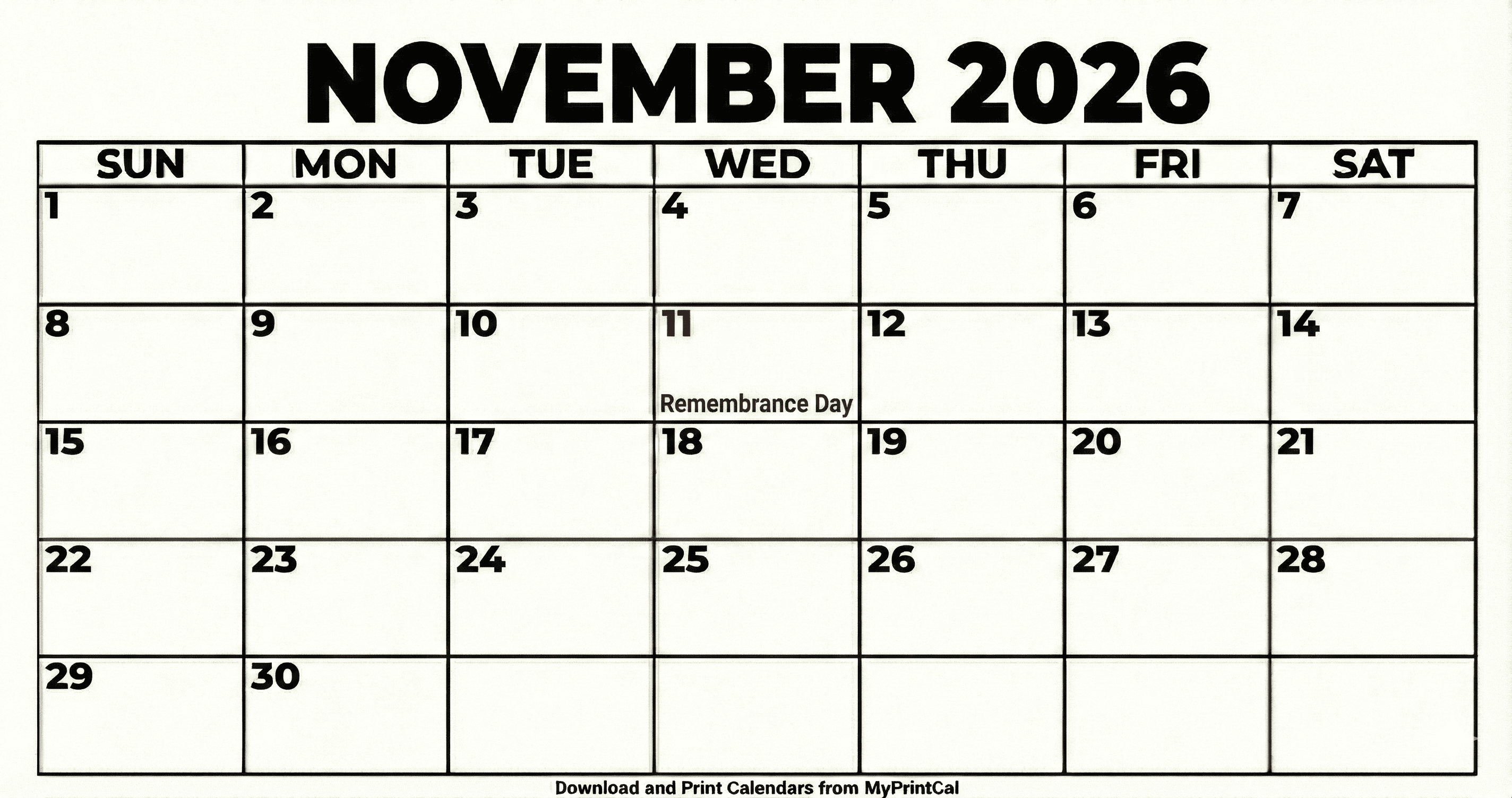 Printable November 2026 calendar