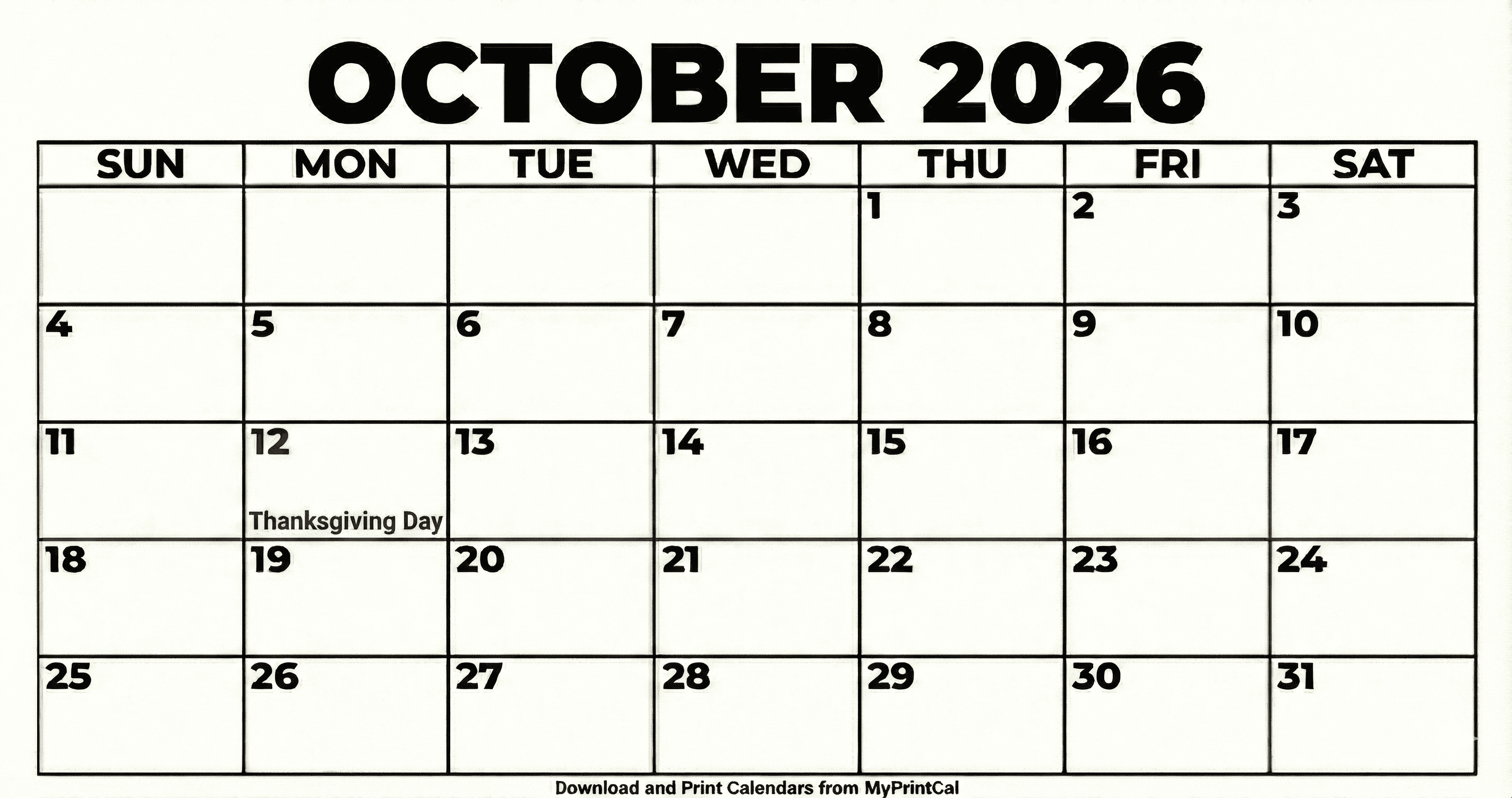 October 2026 calendar (with holidays)