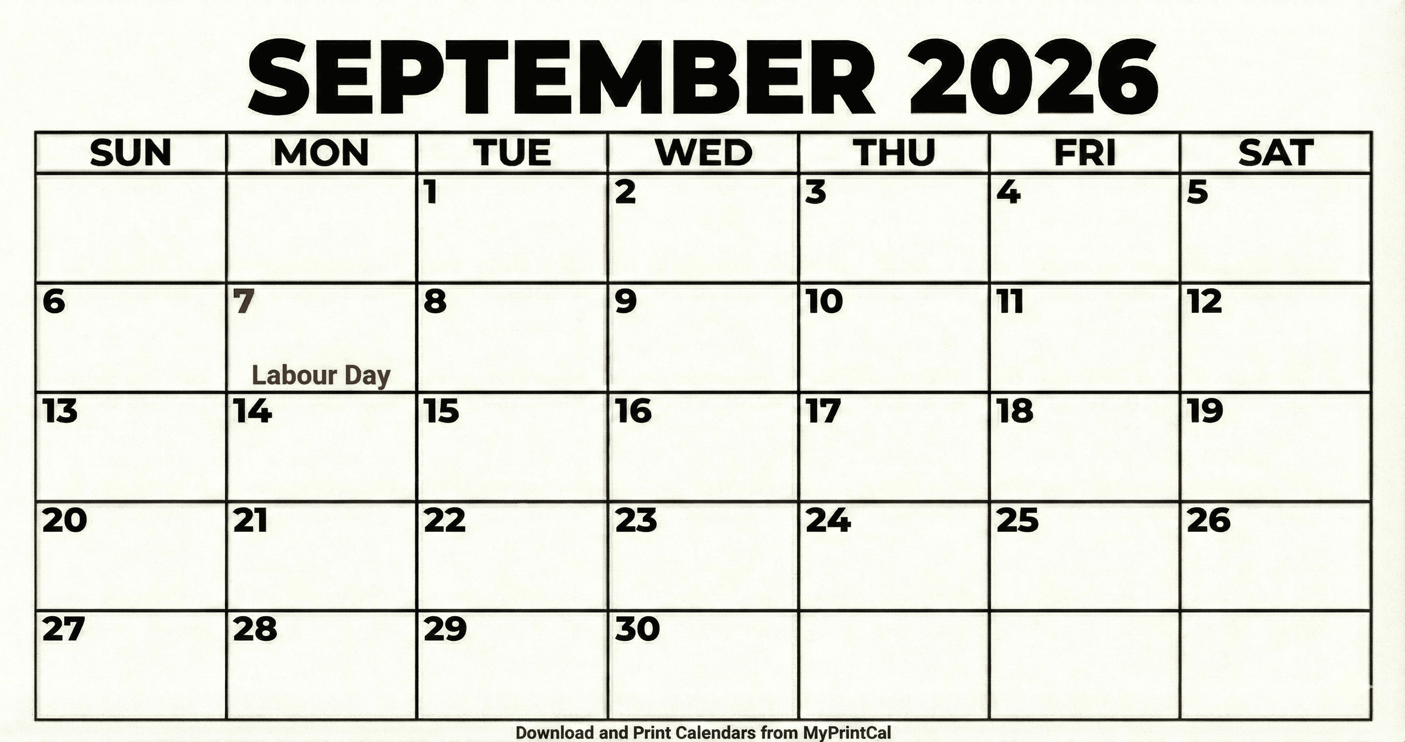 September 2026 calendar (with holidays)