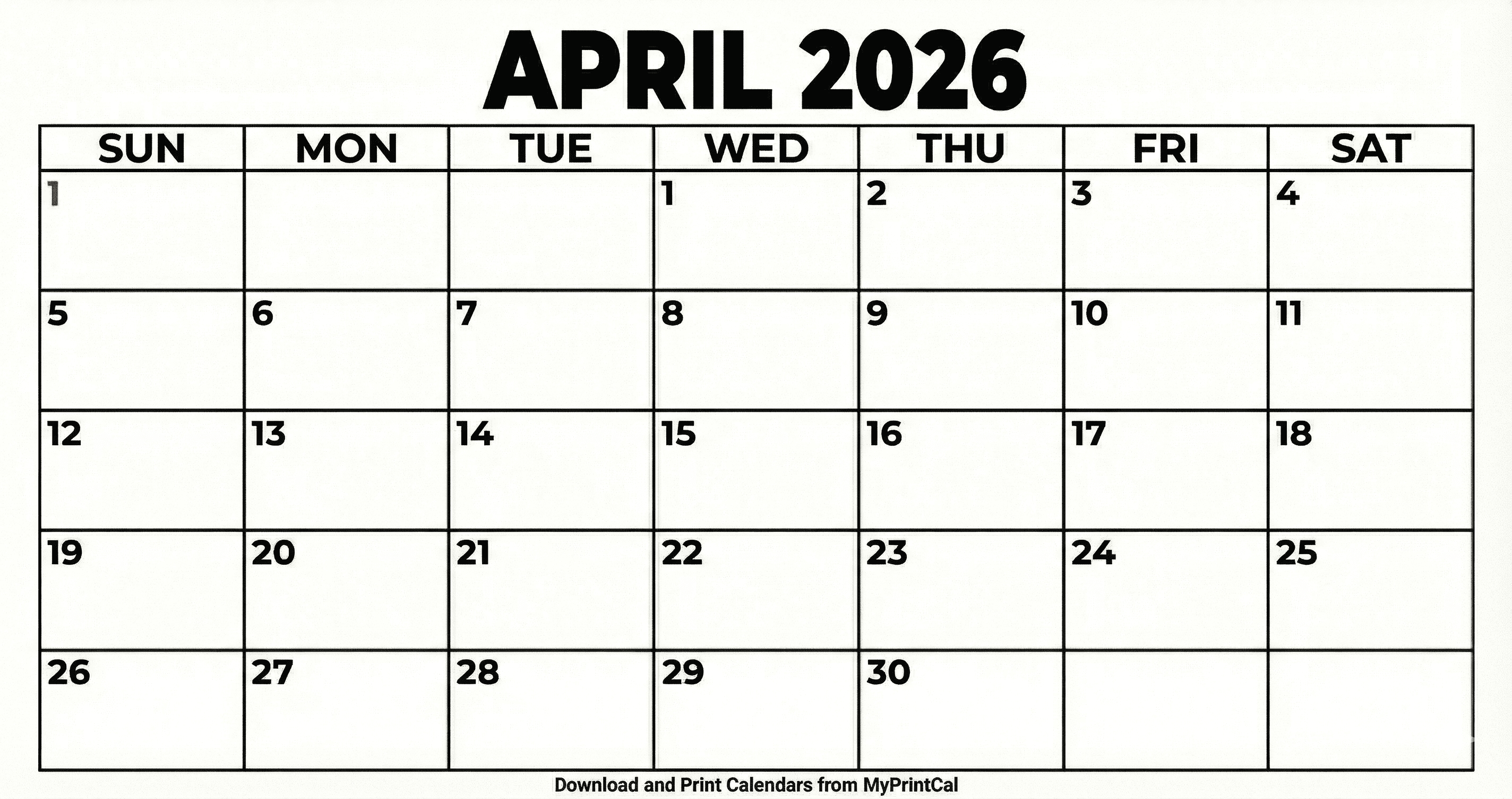 April 2026 calendar (with holidays)
