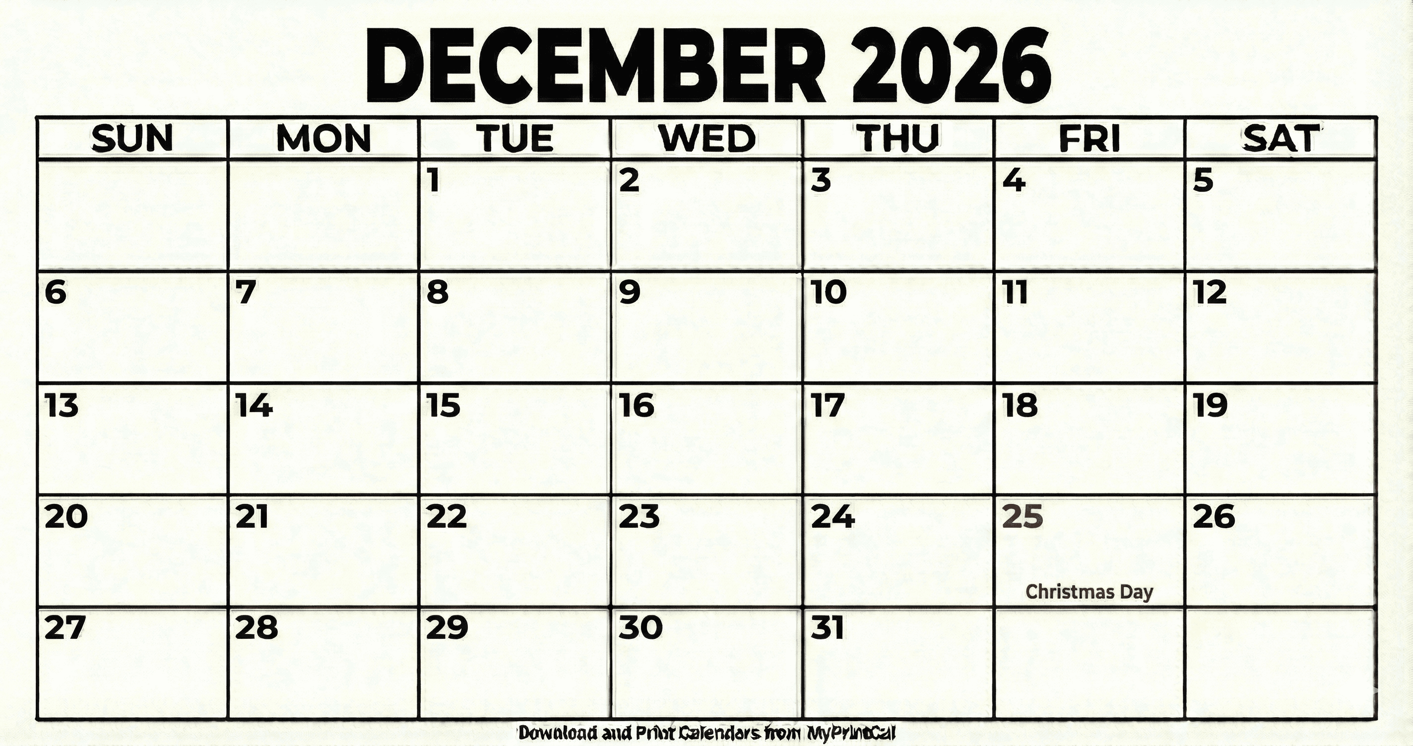 December 2026 calendar (with holidays)