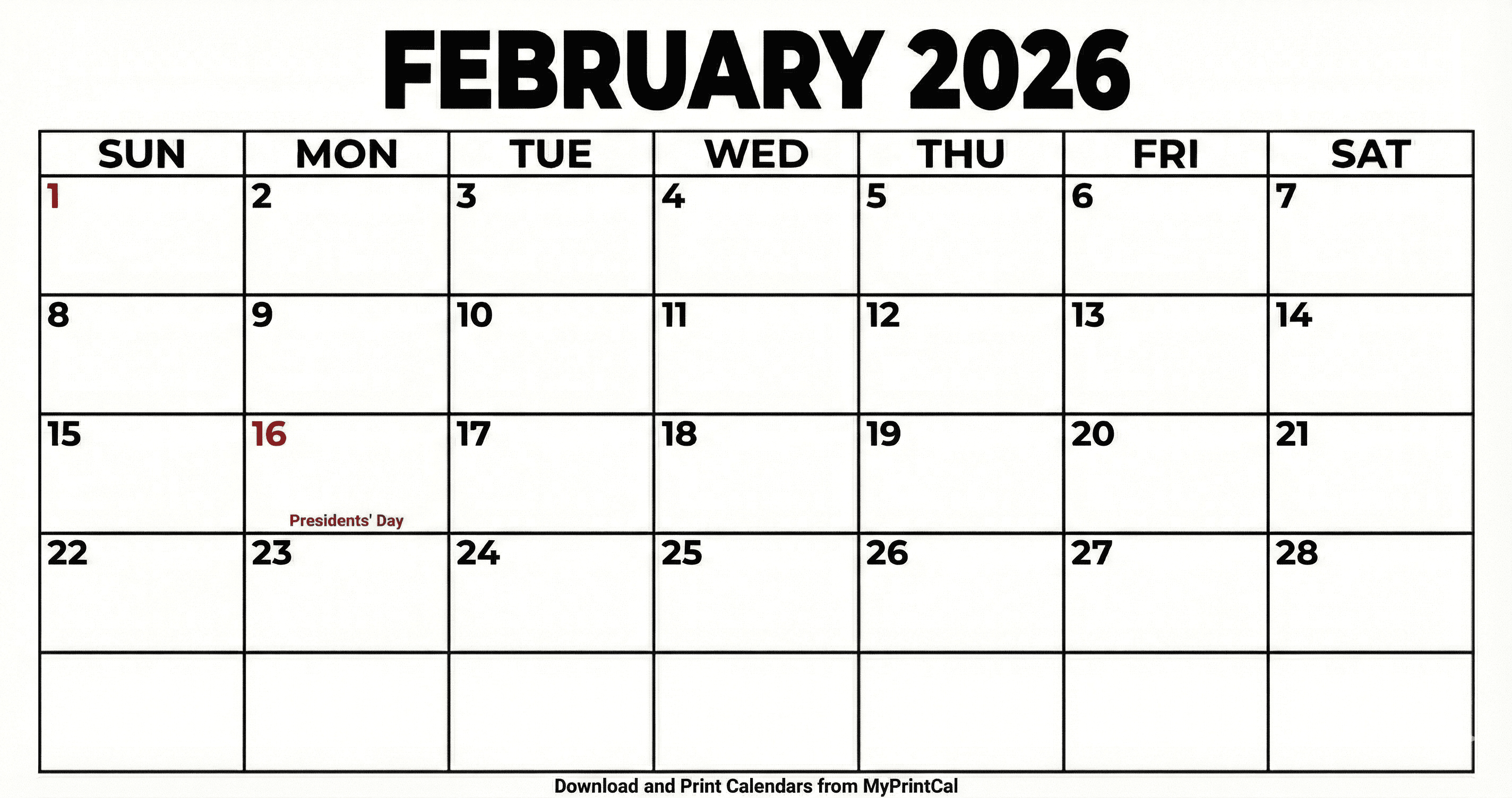 February 2026 calendar (with holidays)