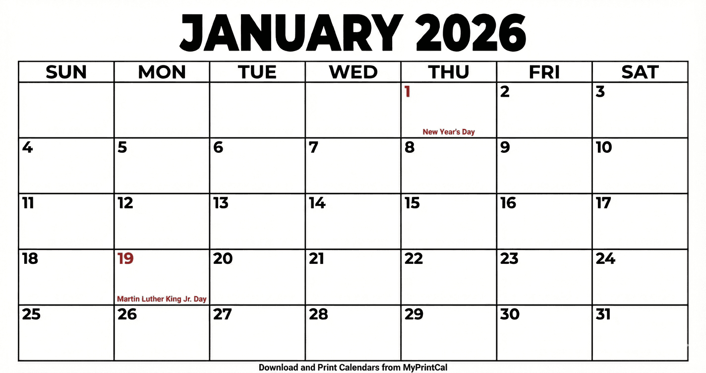January 2026 calendar (with holidays)
