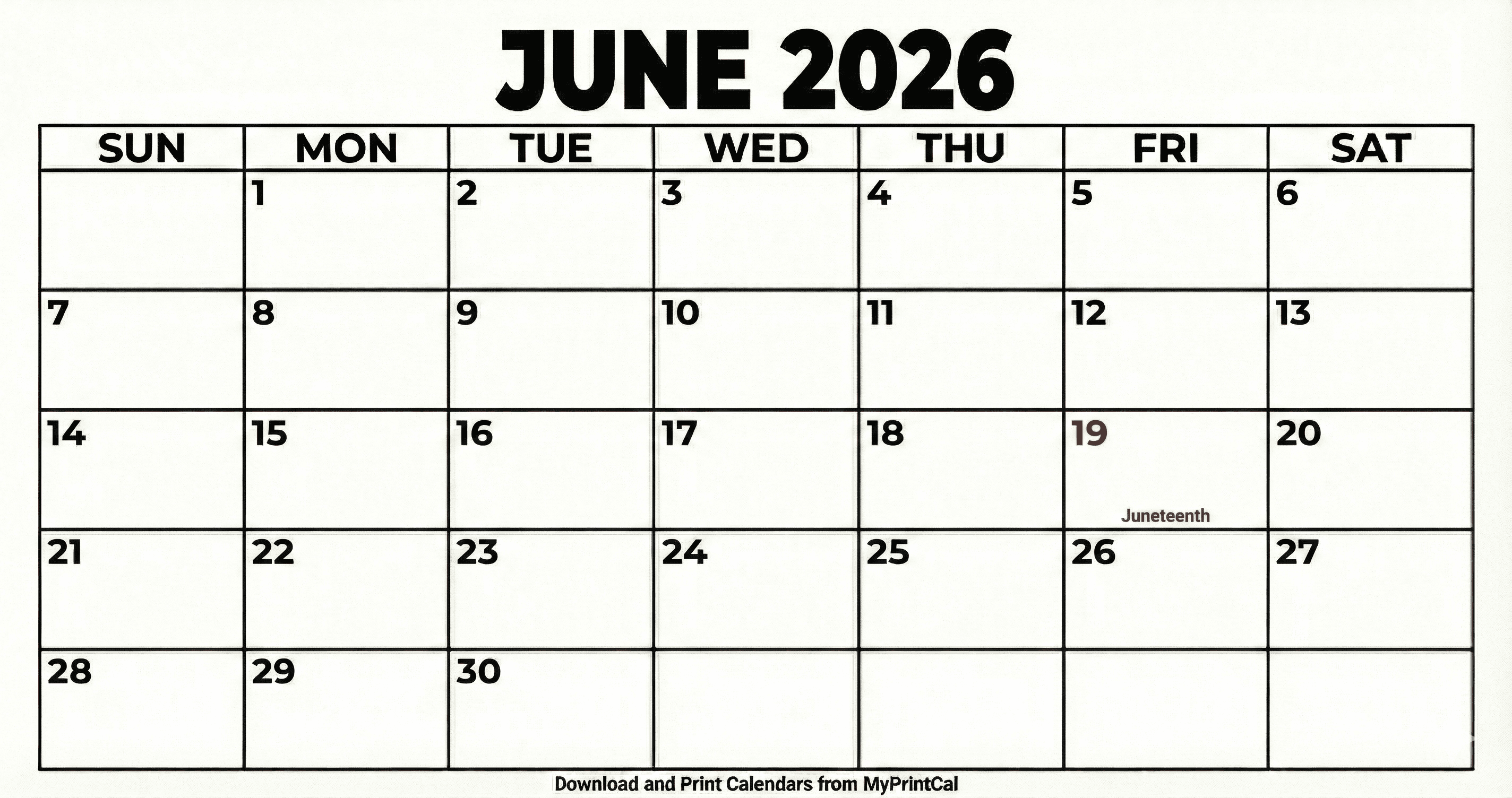 June 2026 calendar (with holidays)