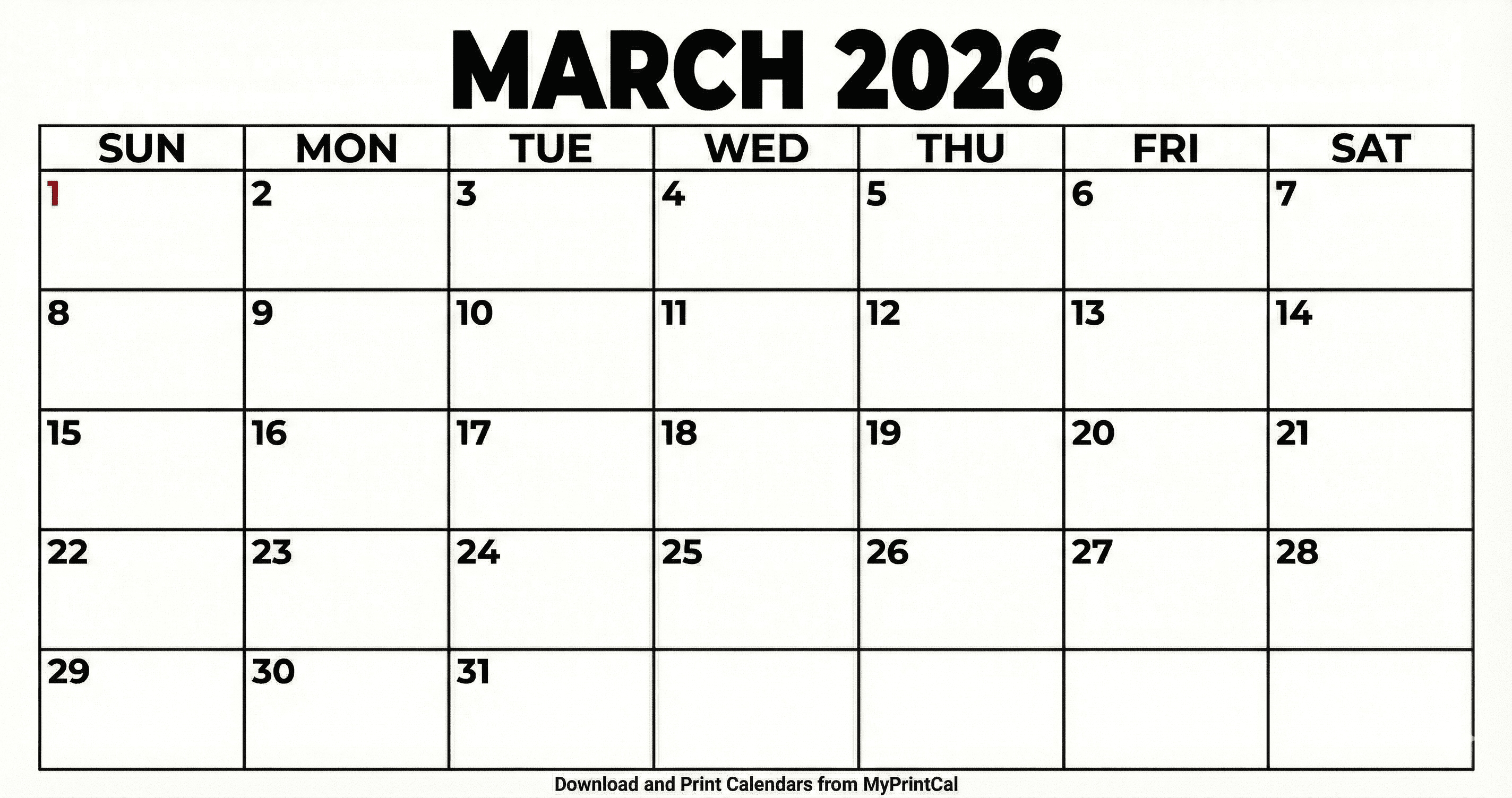 March 2026 calendar (with holidays)