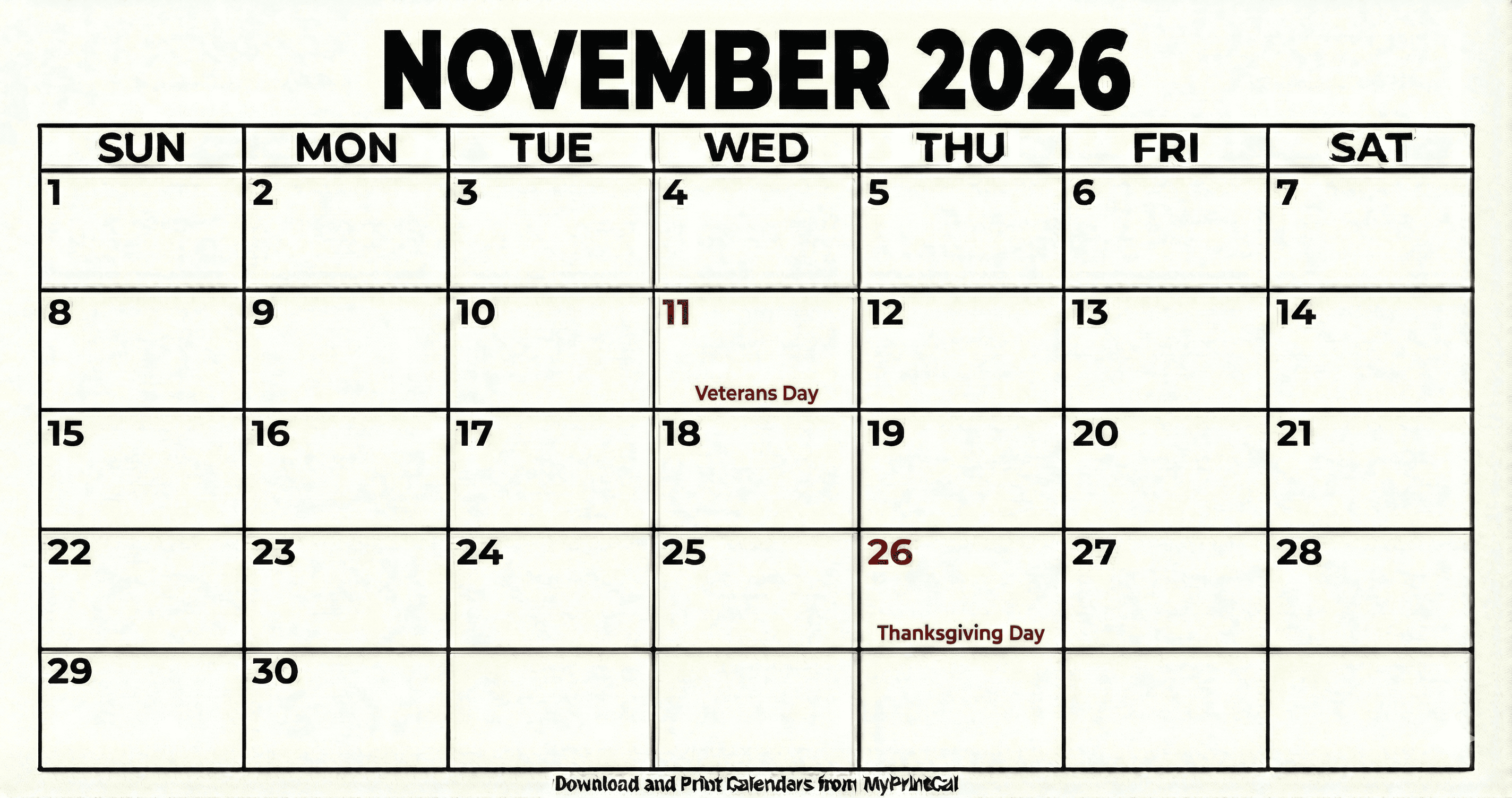 November 2026 calendar (with holidays)