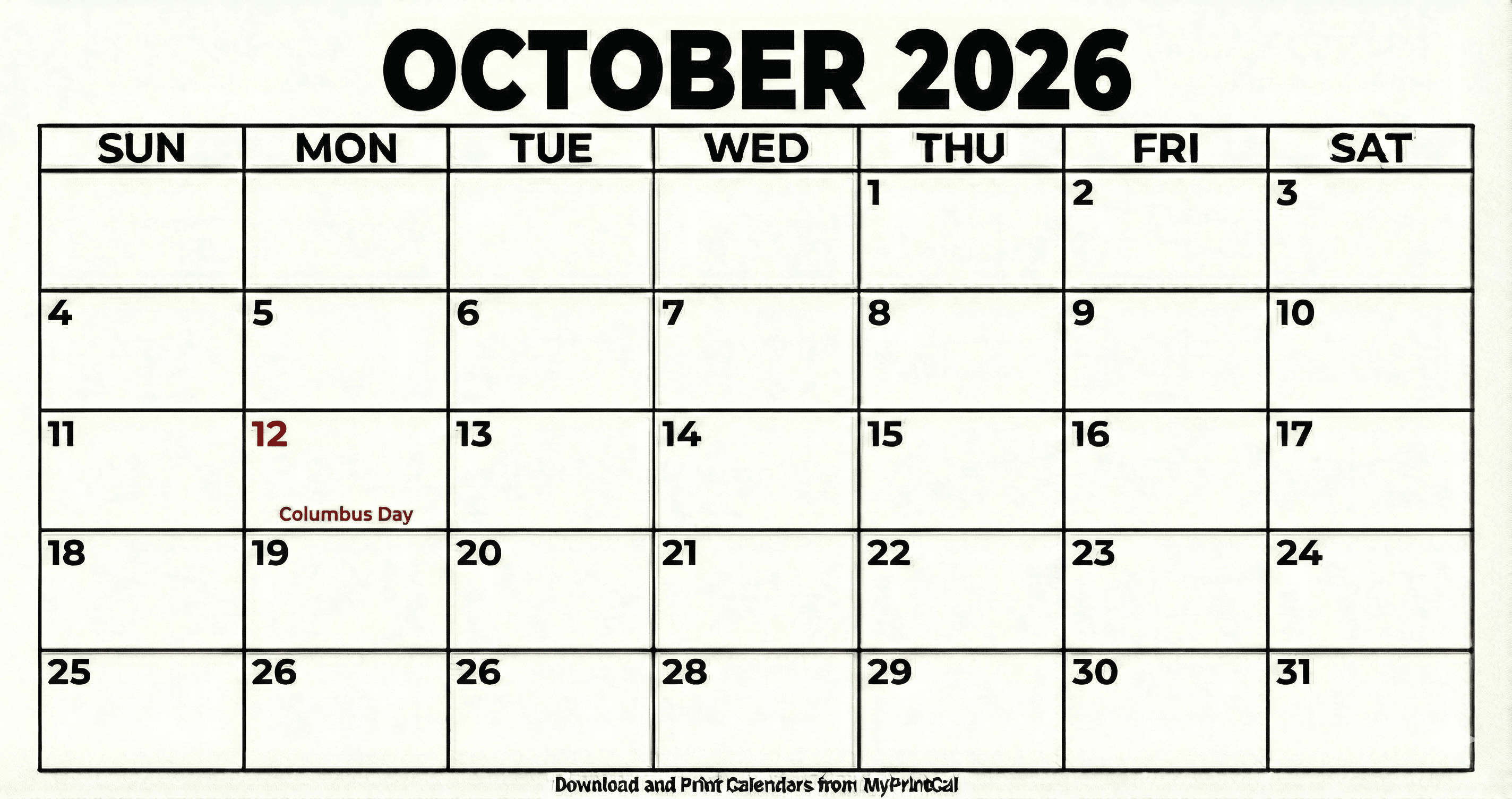 October 2026 calendar (with holidays)