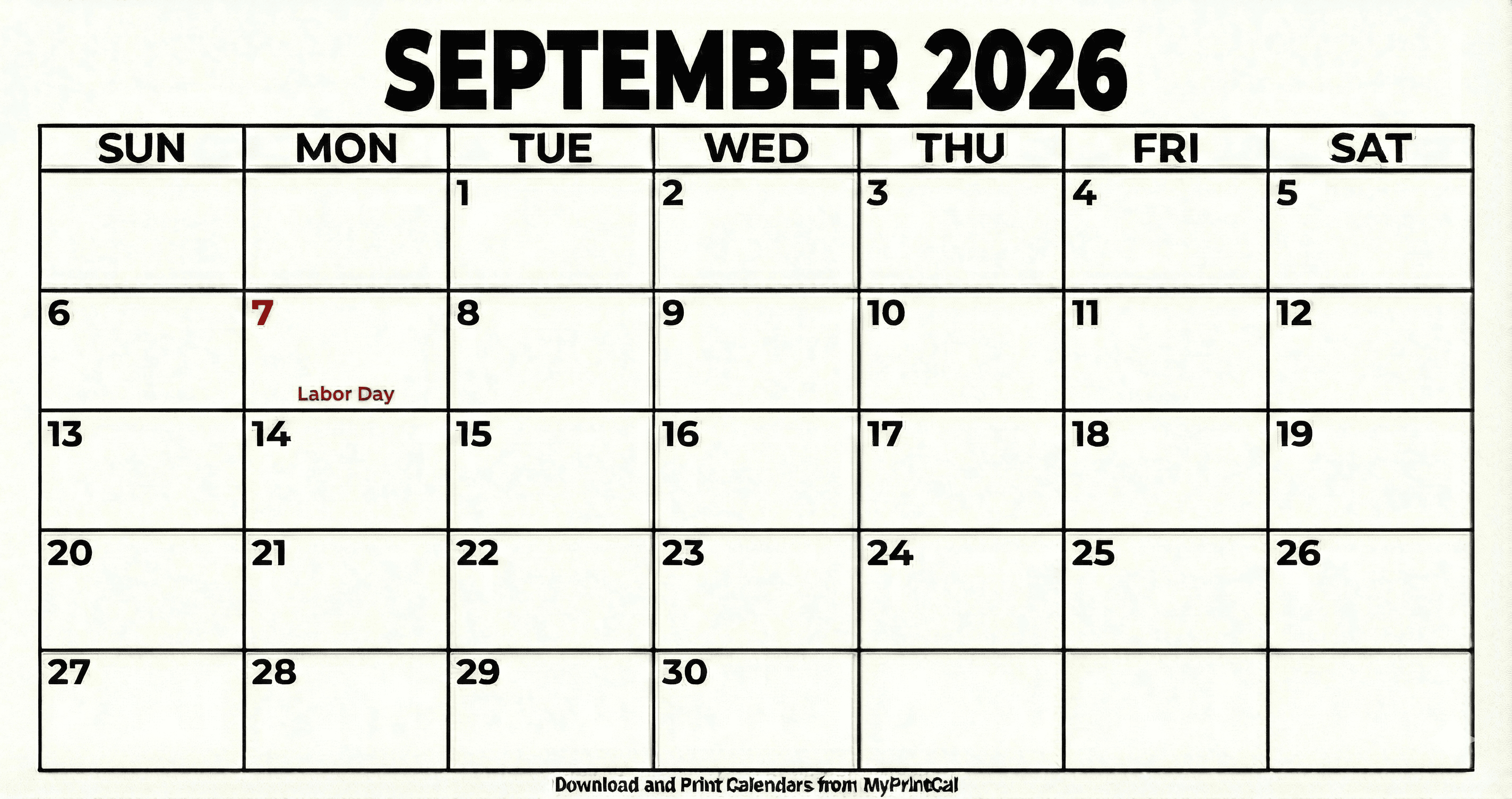 September 2026 calendar (with holidays)