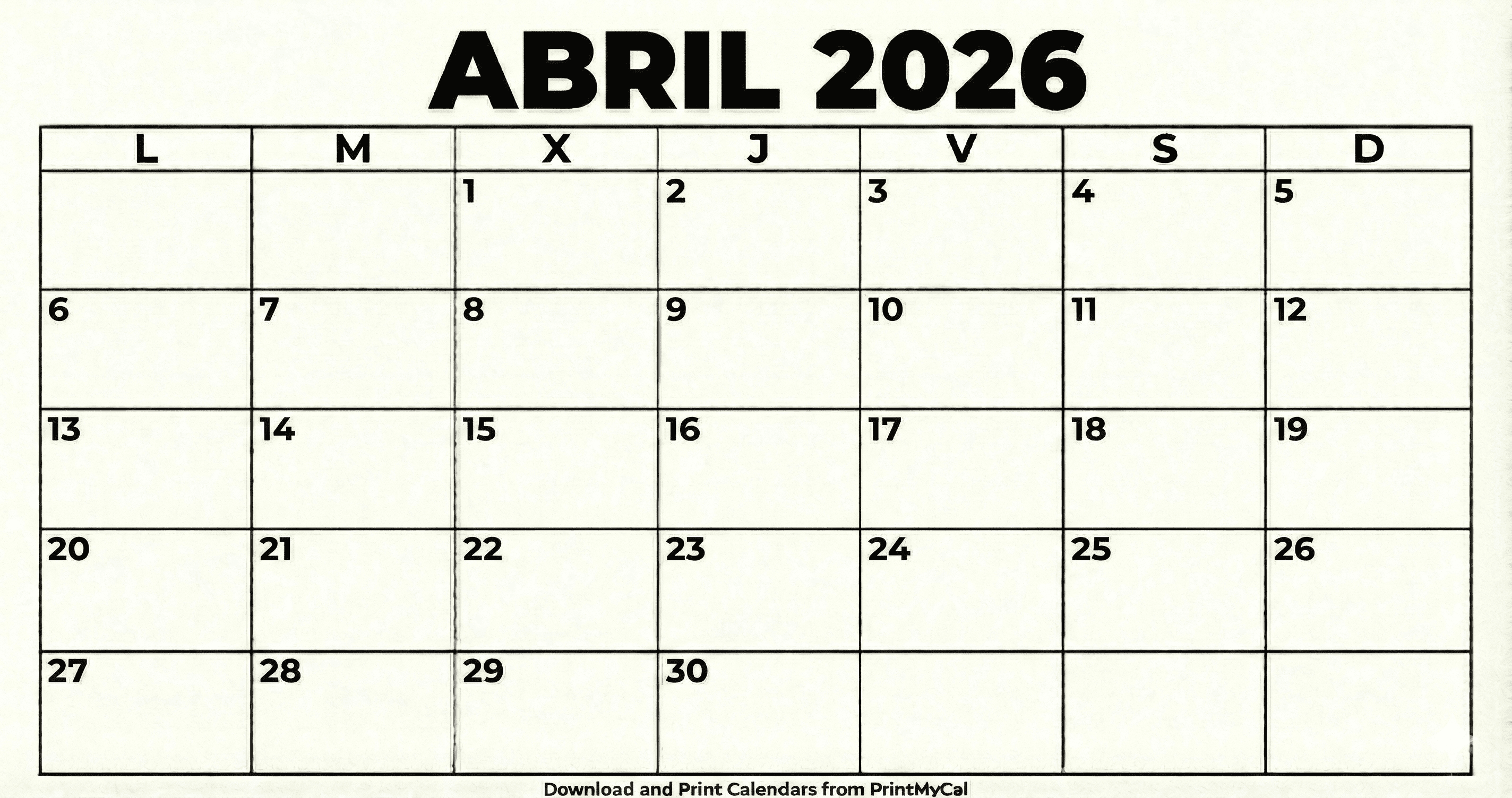 Calendario Abril 2026 para imprimir