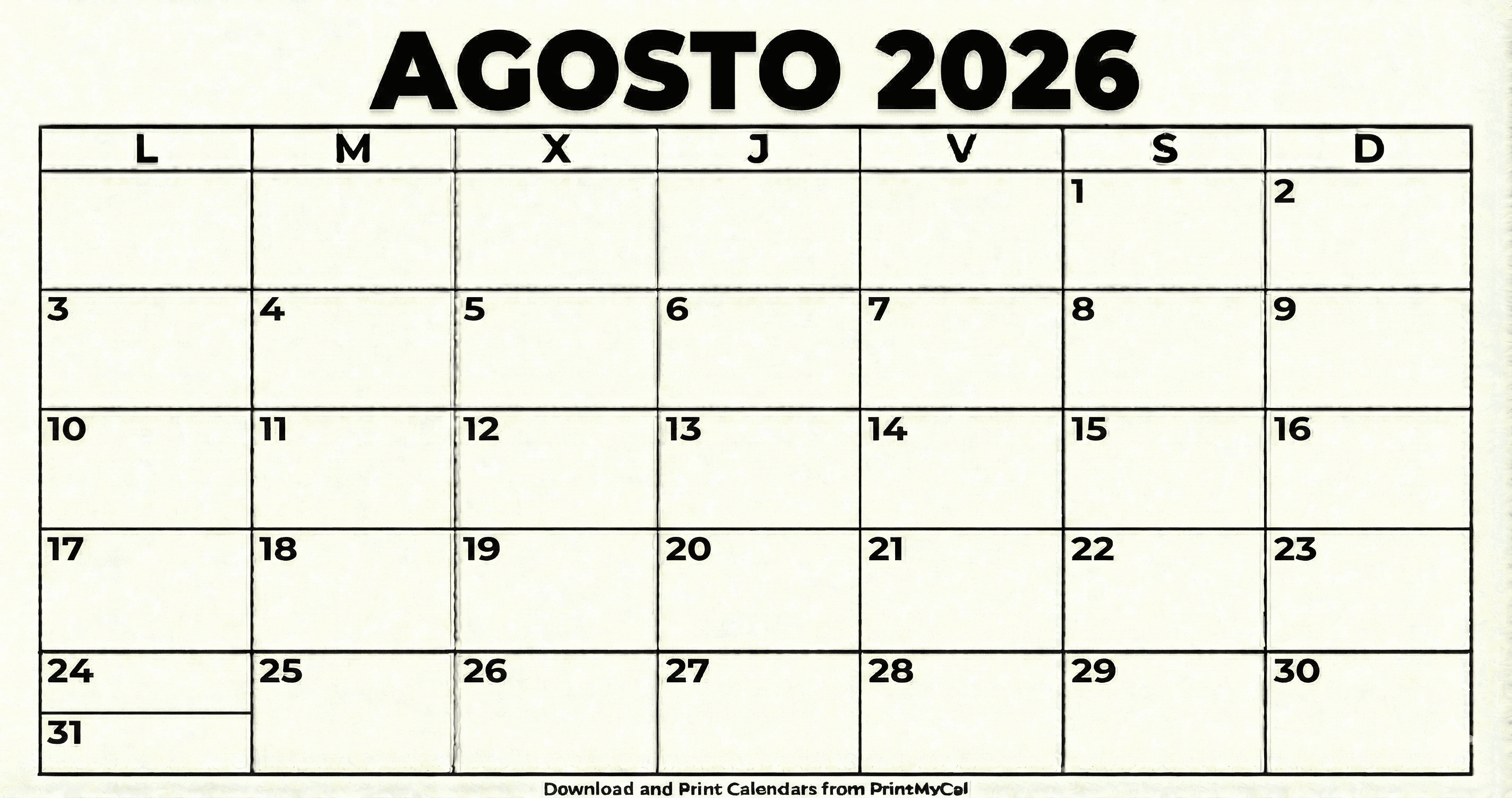 Calendario Agosto 2026 para imprimir