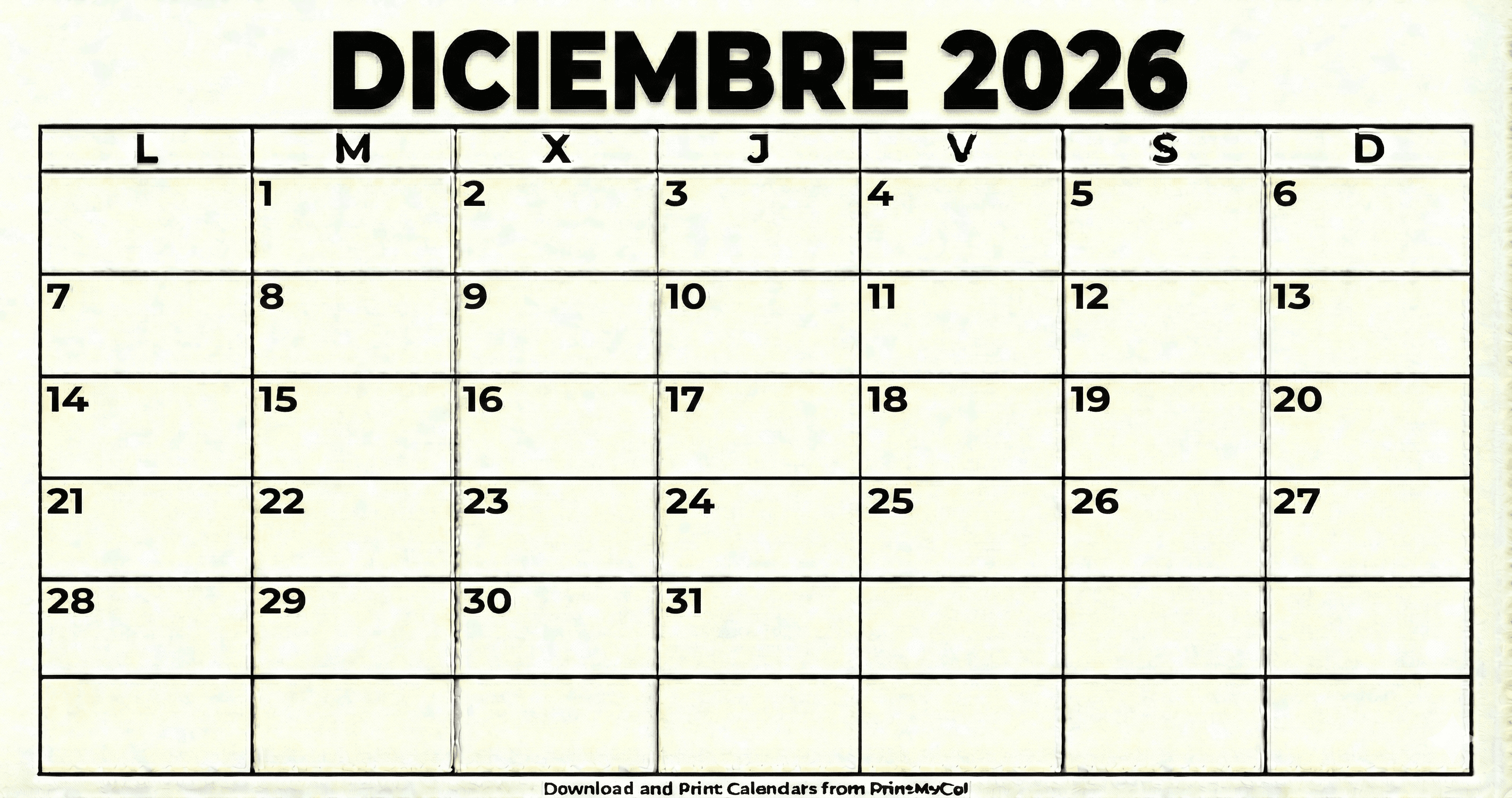 Calendario Diciembre 2026 para imprimir