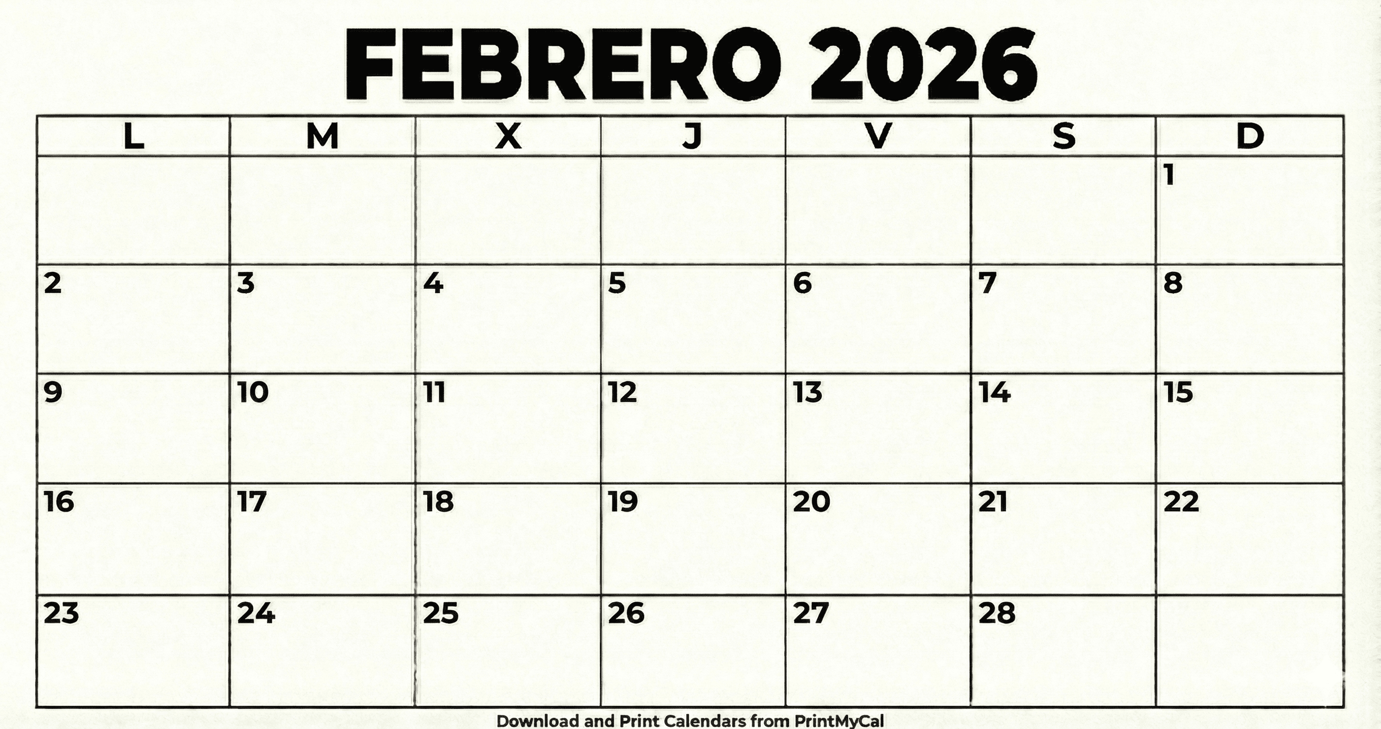 Calendario Febrero 2026 para imprimir