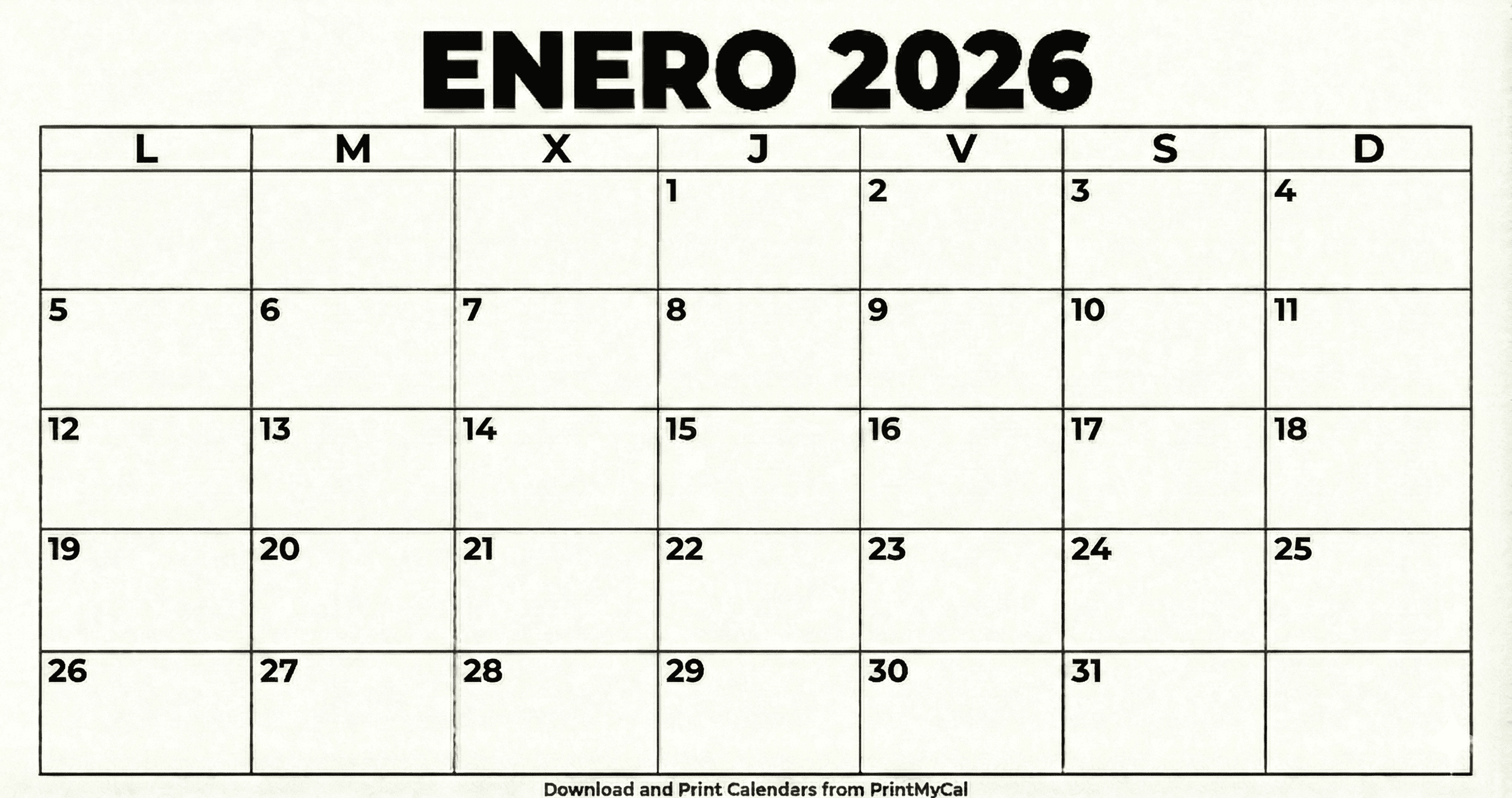 Calendario Enero 2026 para imprimir