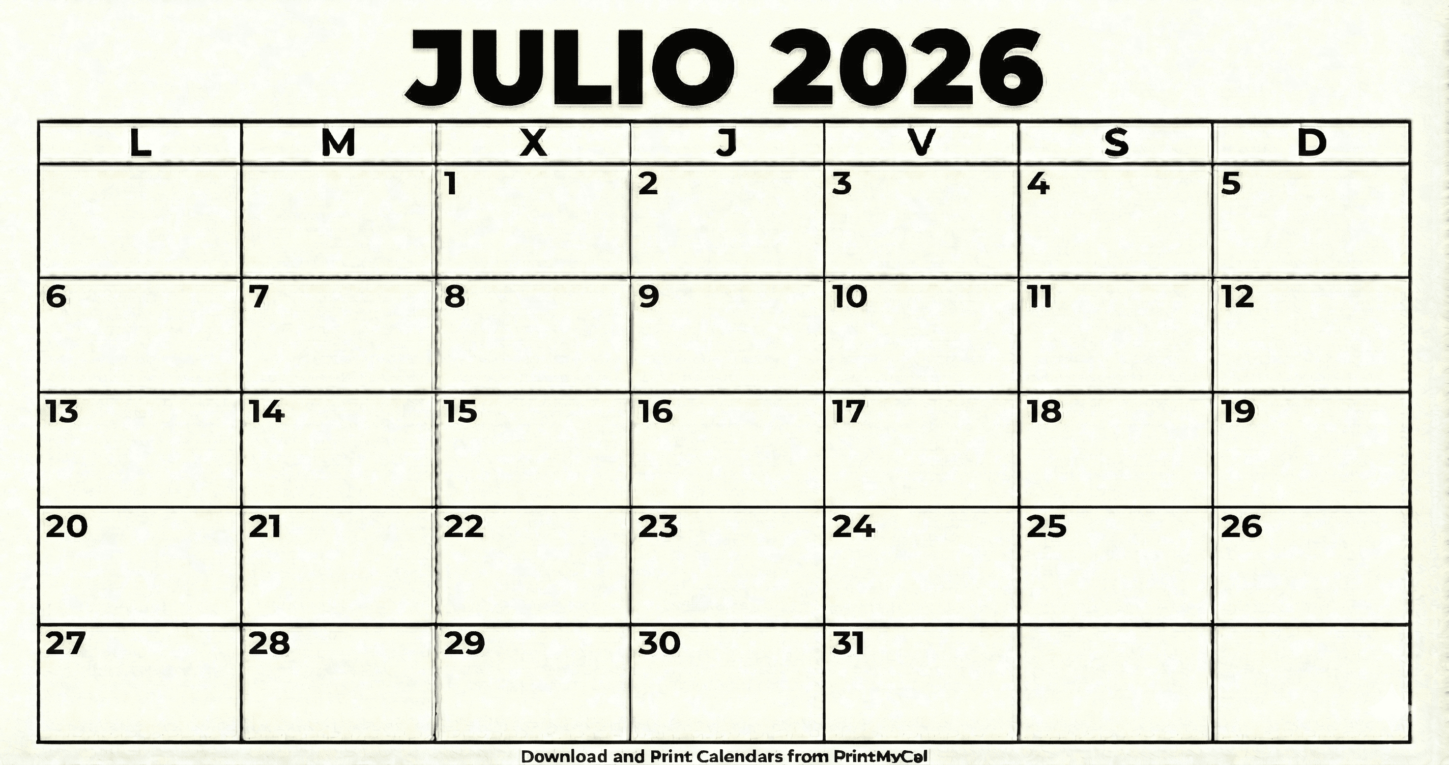 Calendario Julio 2026 para imprimir