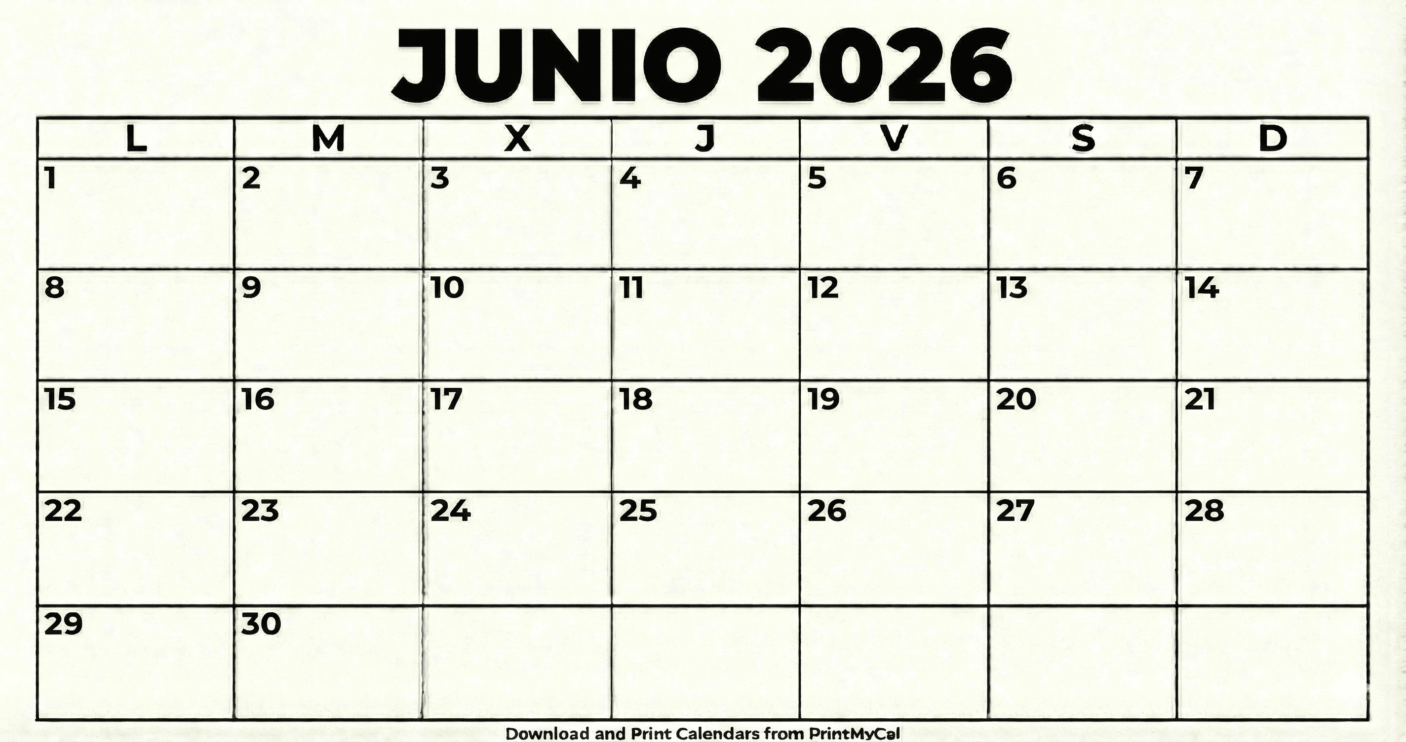 Calendario Junio 2026 para imprimir