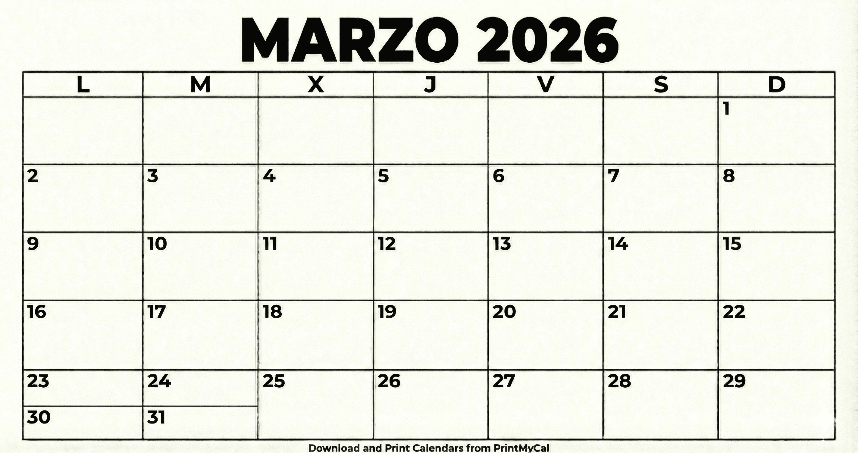 Calendario Marzo 2026 para imprimir