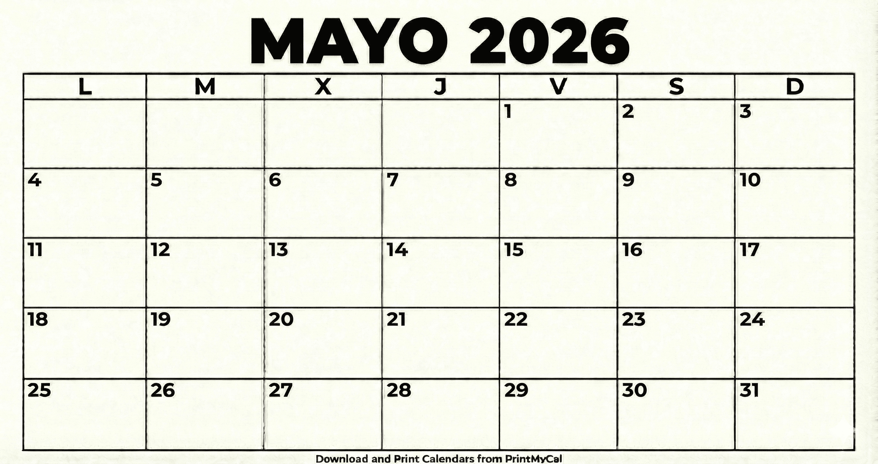 Calendario Mayo 2026 para imprimir