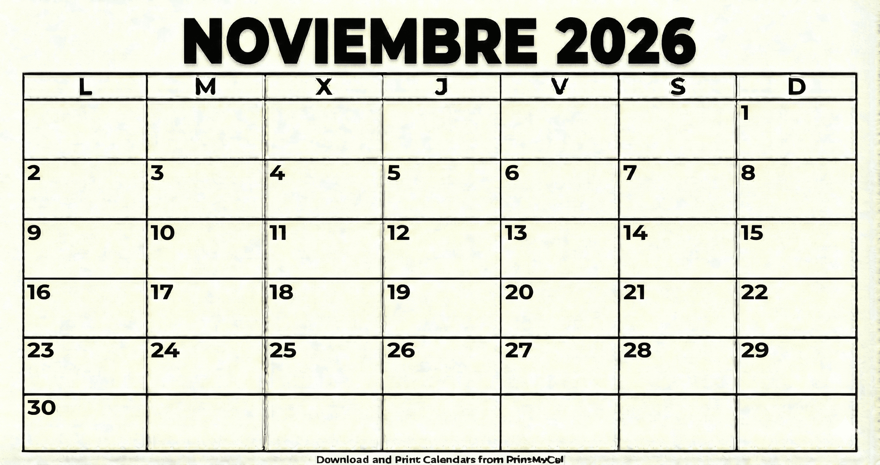 Calendario Noviembre 2026 para imprimir