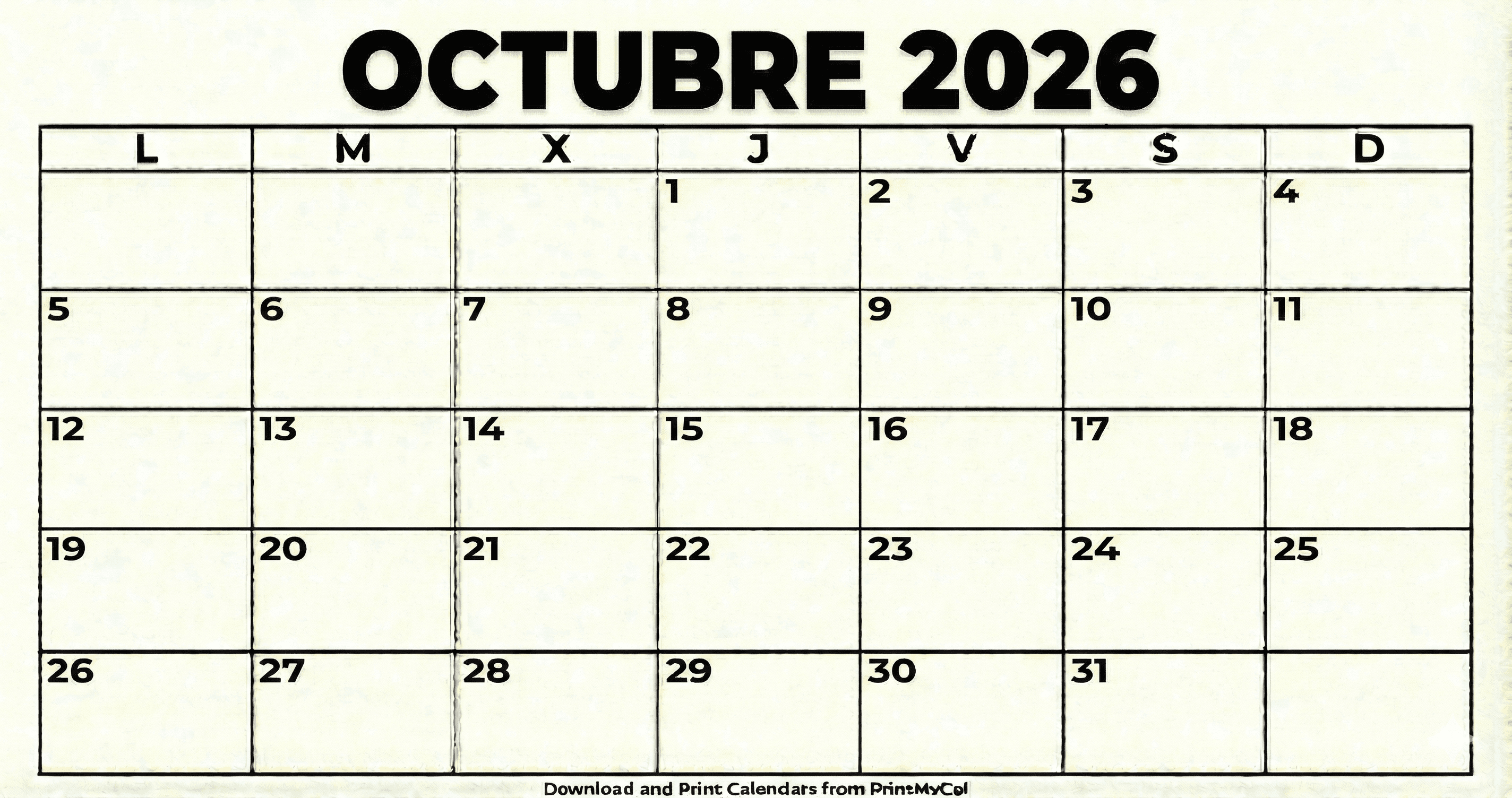Calendario Octubre 2026 para imprimir