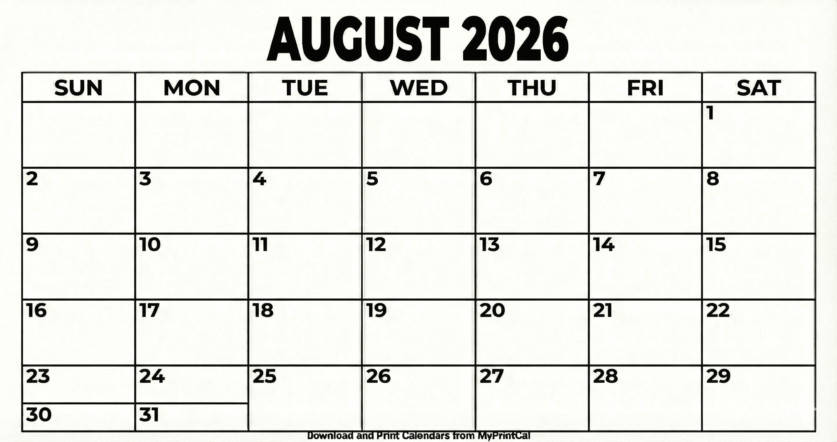 Printable August 2026 calendar