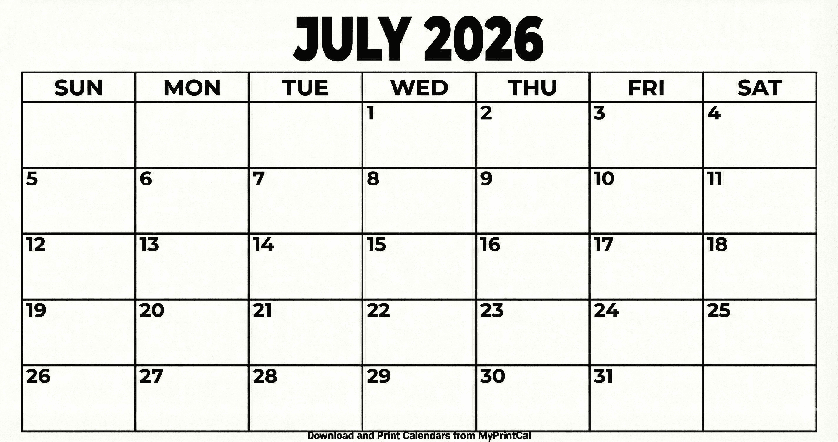 Printable July 2026 calendar