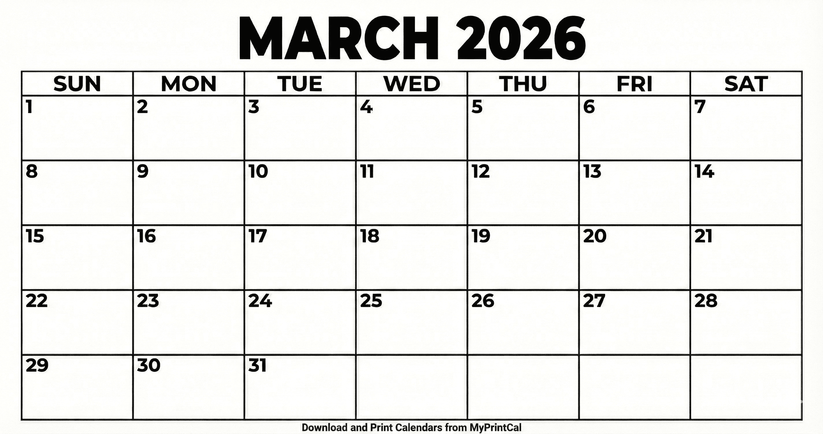 Printable March 2026 calendar