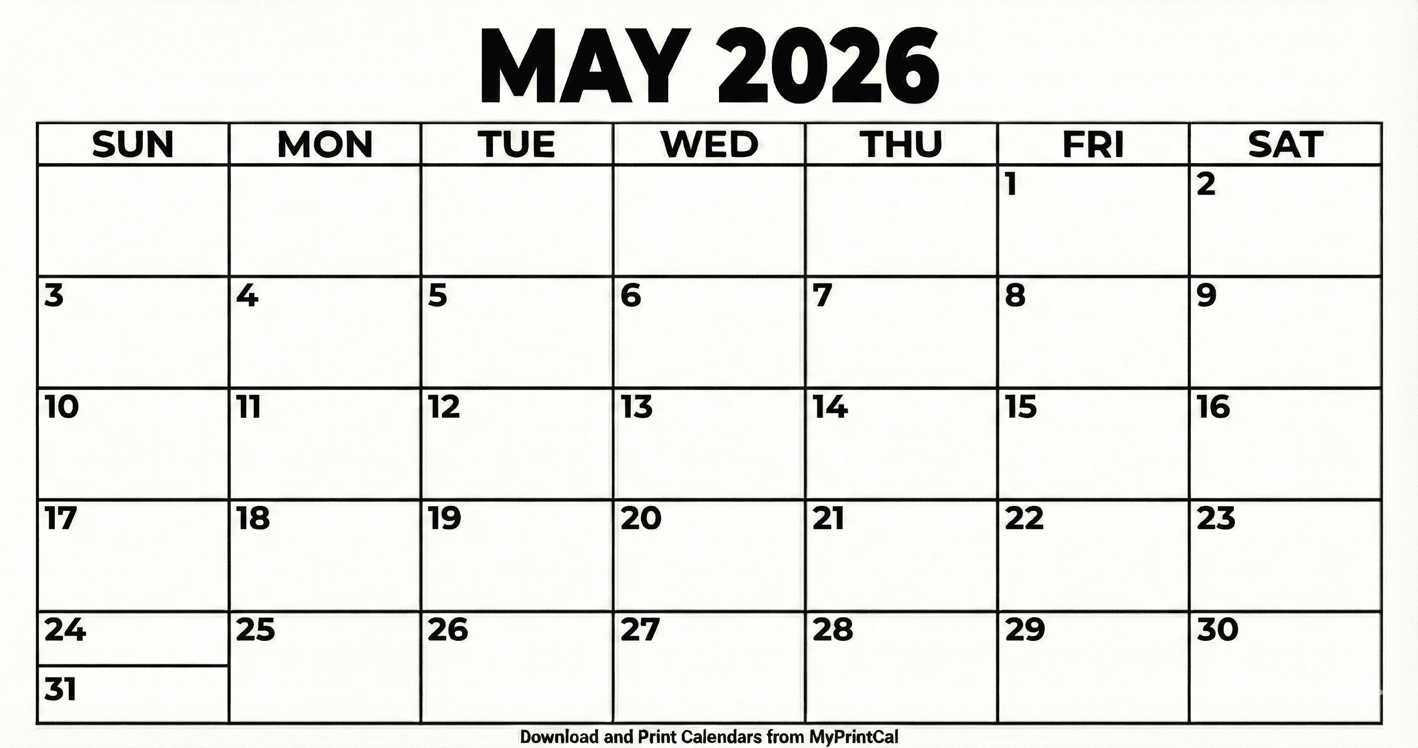 Printable May 2026 calendar