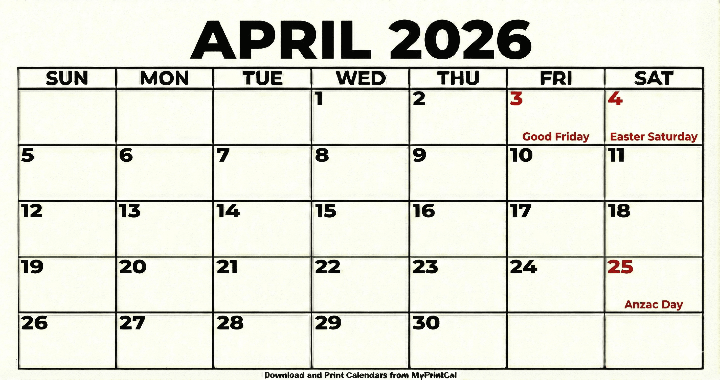 Printable April 2026 calendar