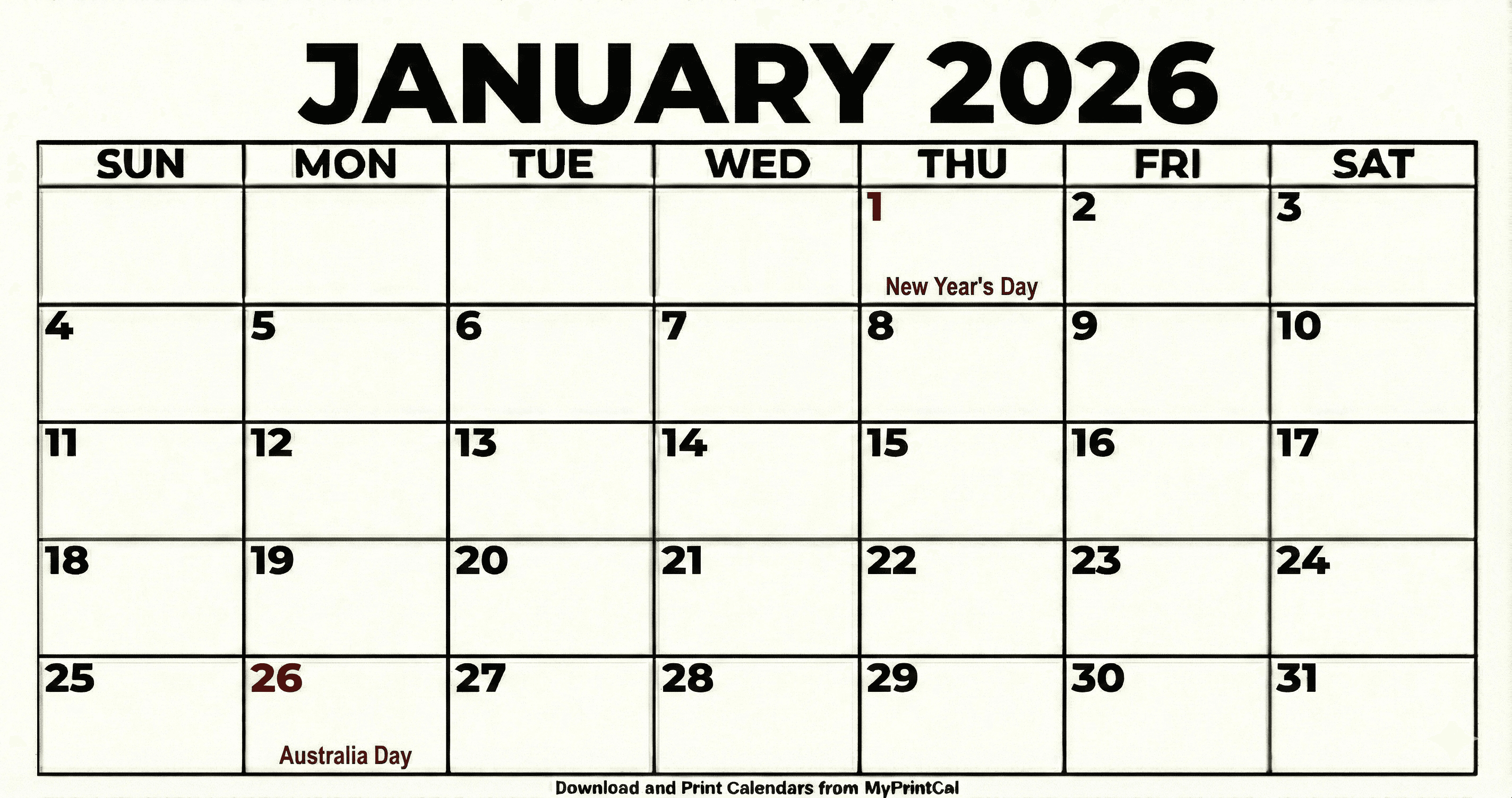 Printable January 2026 calendar