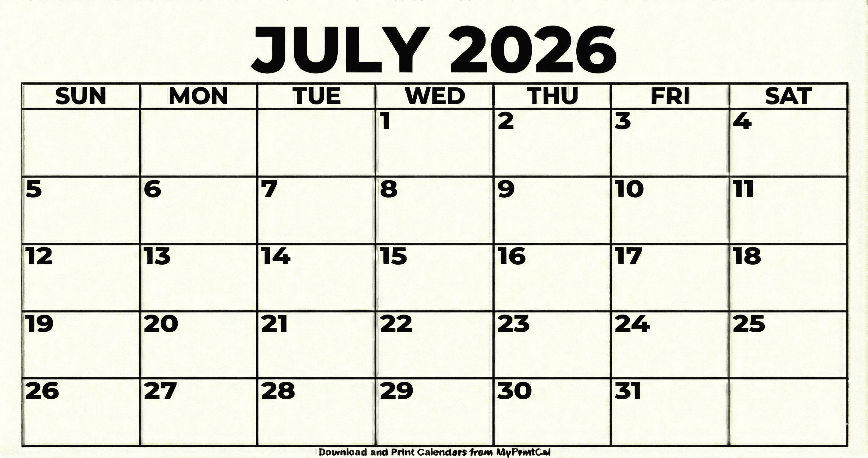 Printable July 2026 calendar
