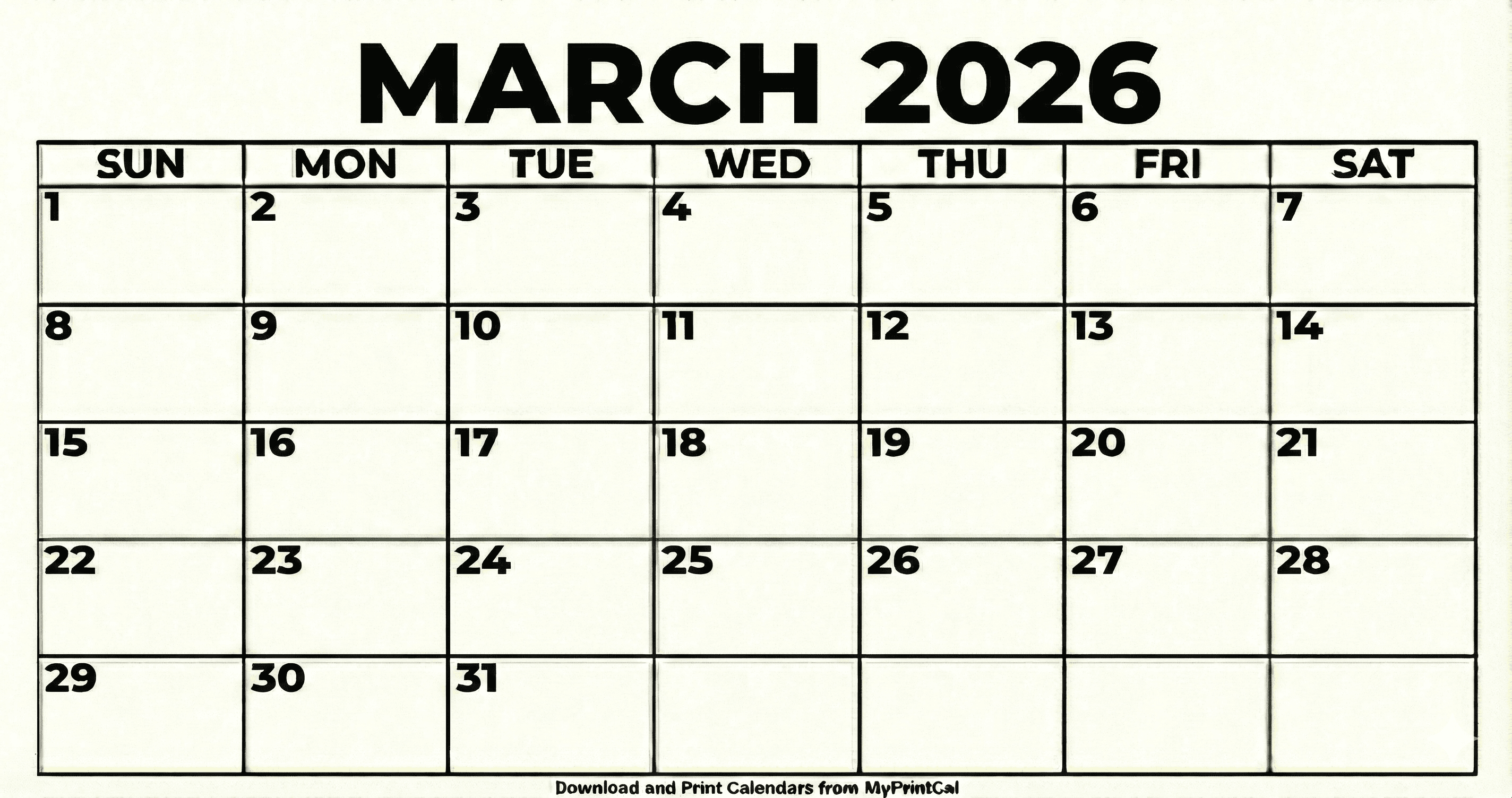 Printable March 2026 calendar