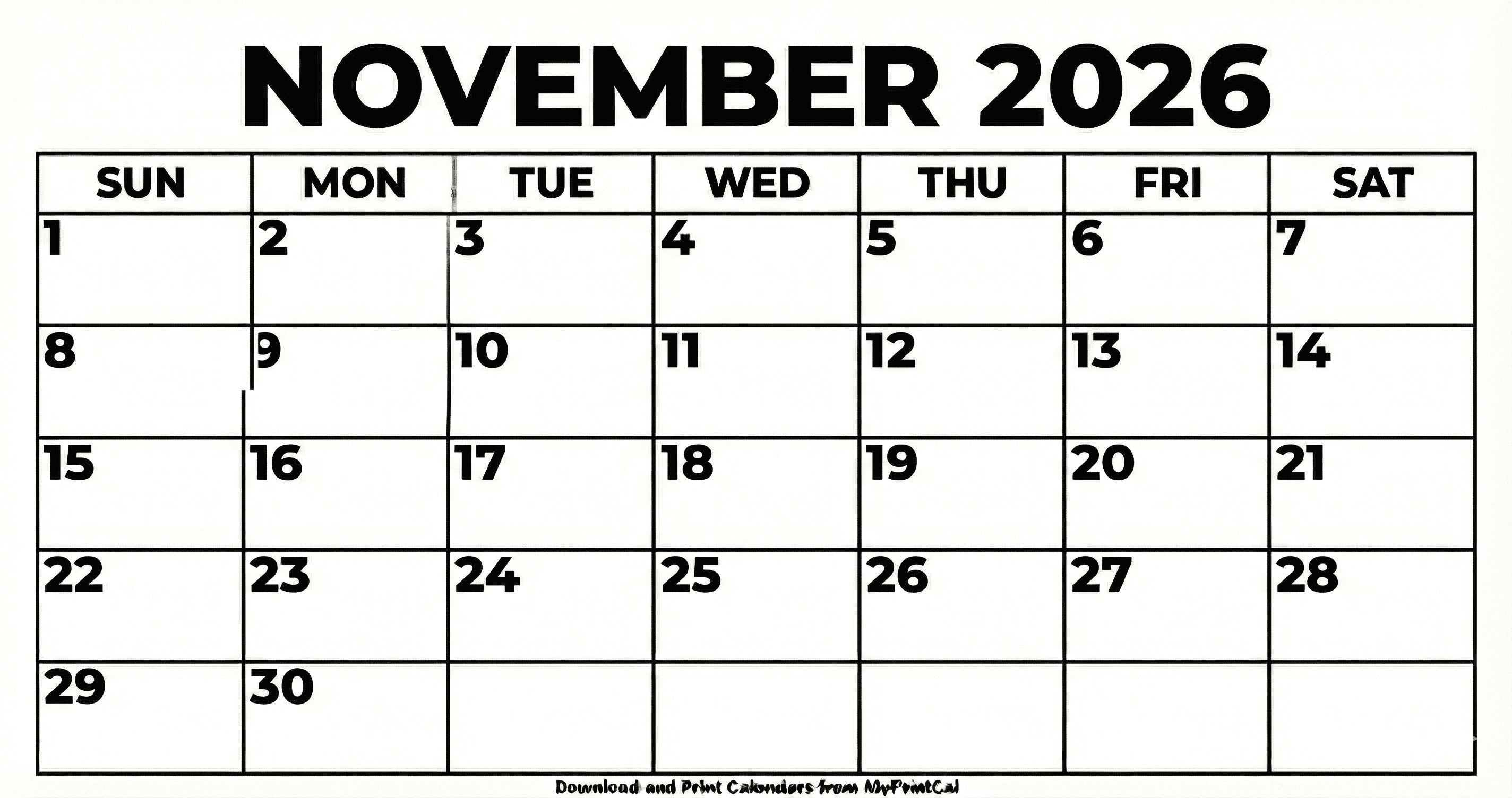 November 2026 calendar (with holidays)