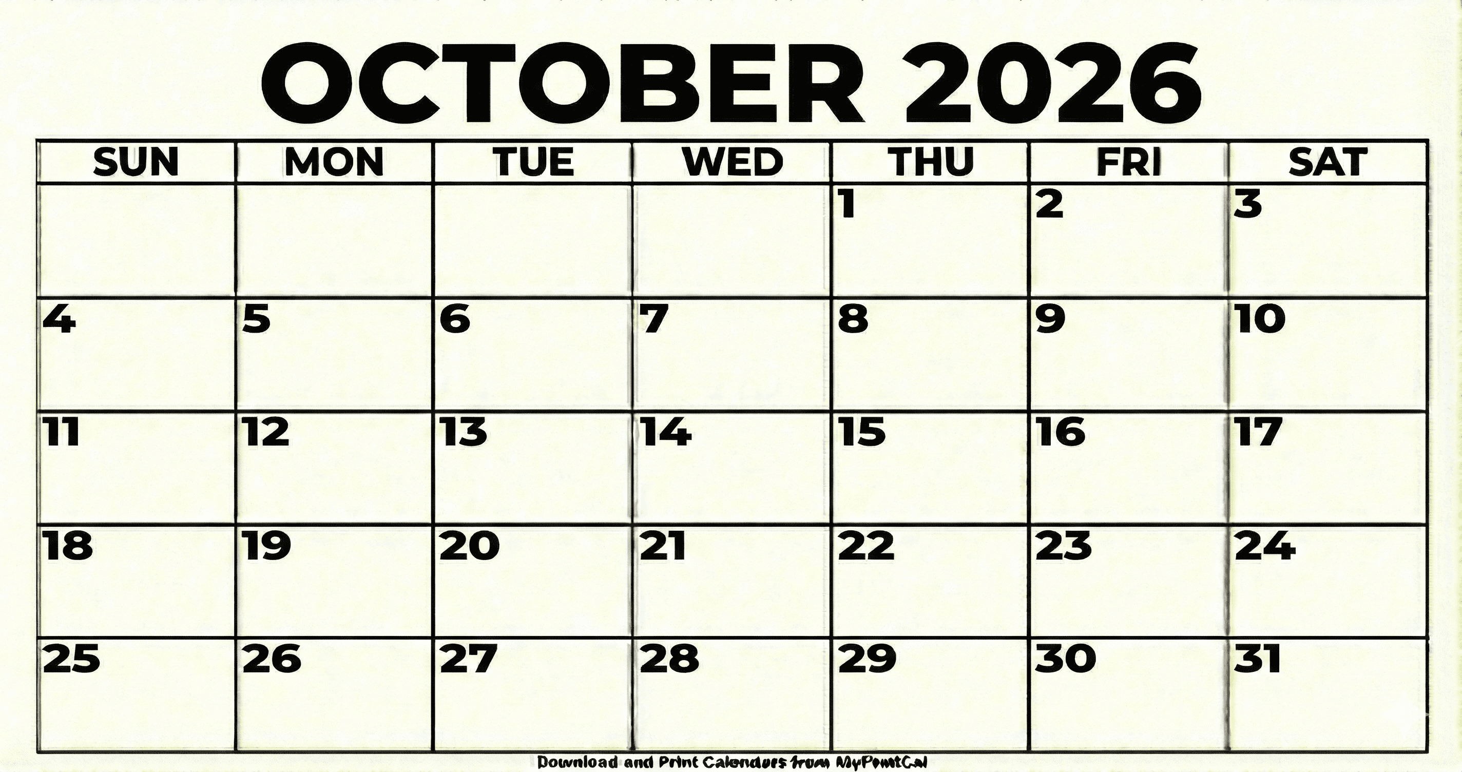 October 2026 calendar (with holidays)
